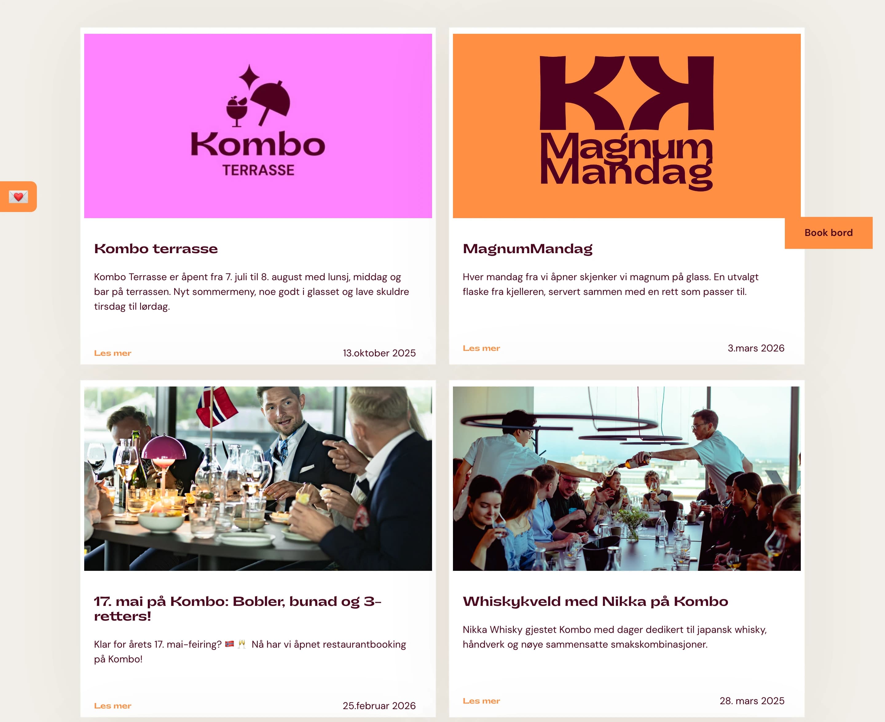 Kombo Aktuelt page — news cards for Kombo terrasse, MagnumMandag, 17. mai and a whisky evening