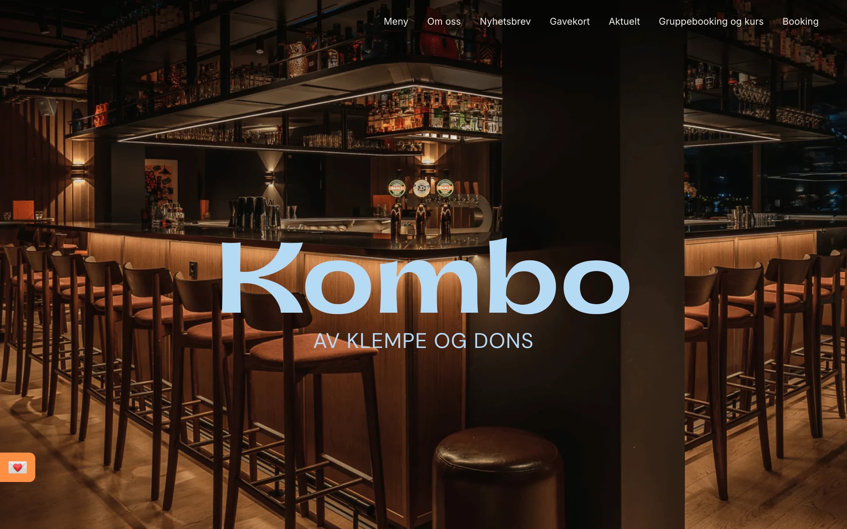 Kombo Bar page — the pale blue Kombo av Klempe og Dons wordmark over the bar counter