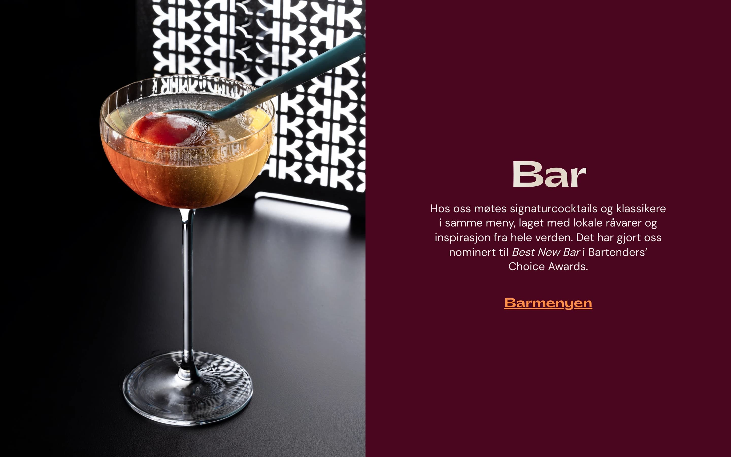 Kombo home page Bar block — a cocktail photo beside a burgundy panel with the bar's story and a Barmenyen link