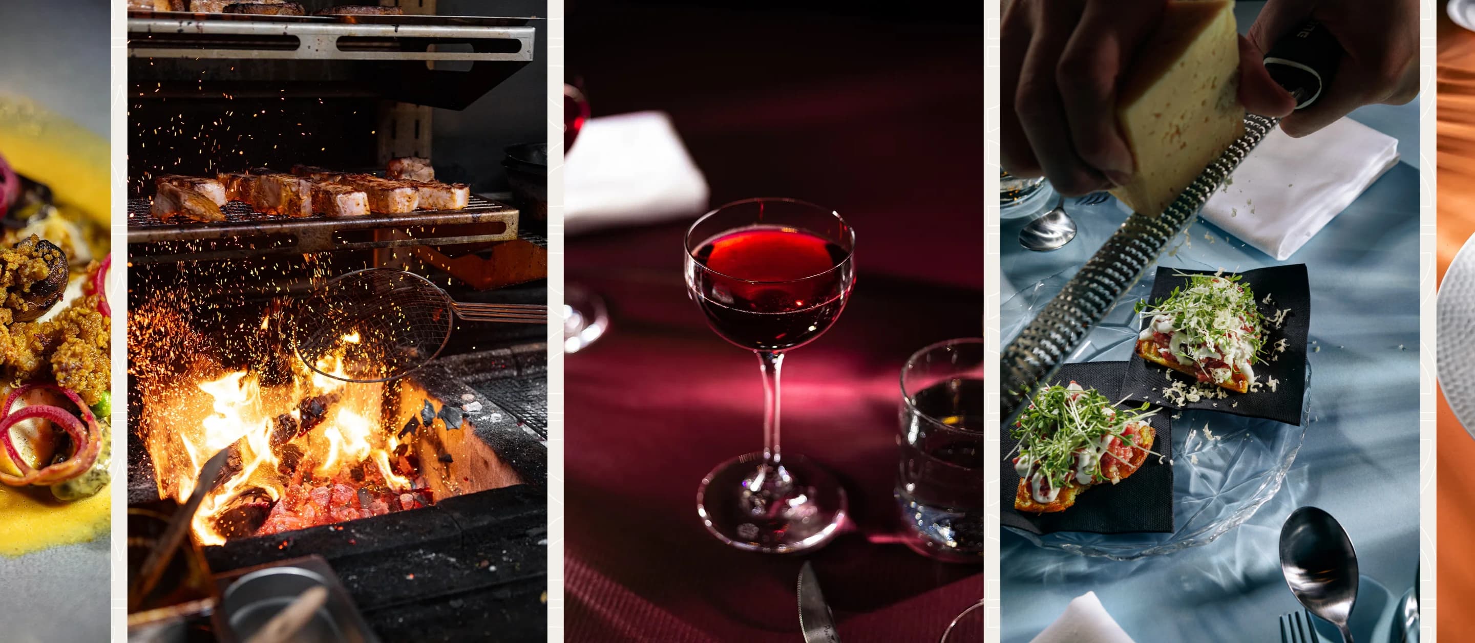 The moving photo strip on the Kombo home page — dishes, the wood-fired grill and a glass of red