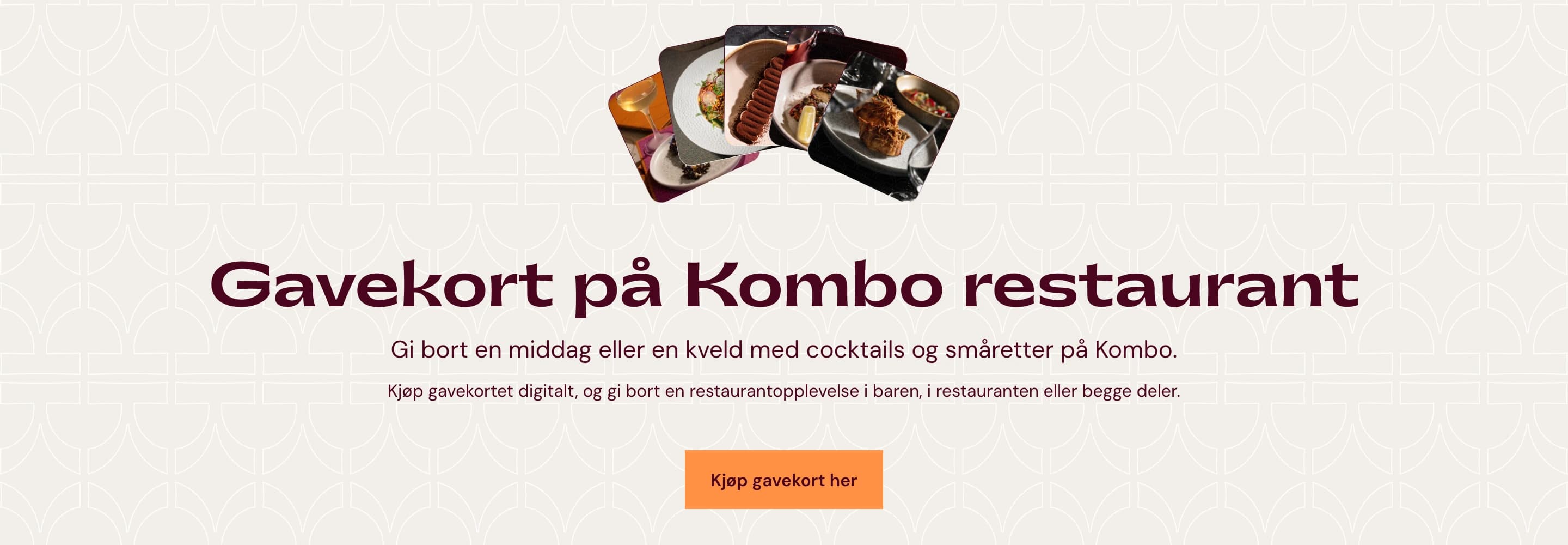 Gavekort på Kombo restaurant — gift cards fanned above the heading and a Kjøp gavekort her button