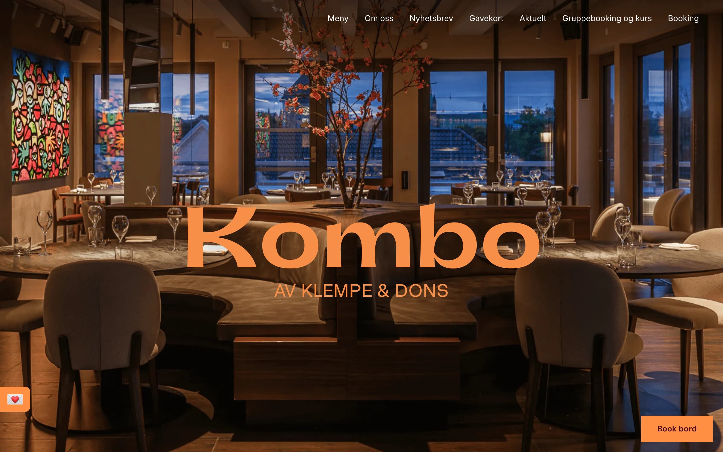 Kombo home page — the orange Kombo av Klempe & Dons wordmark over the dining room at dusk, with the menu bar and a Book bord button