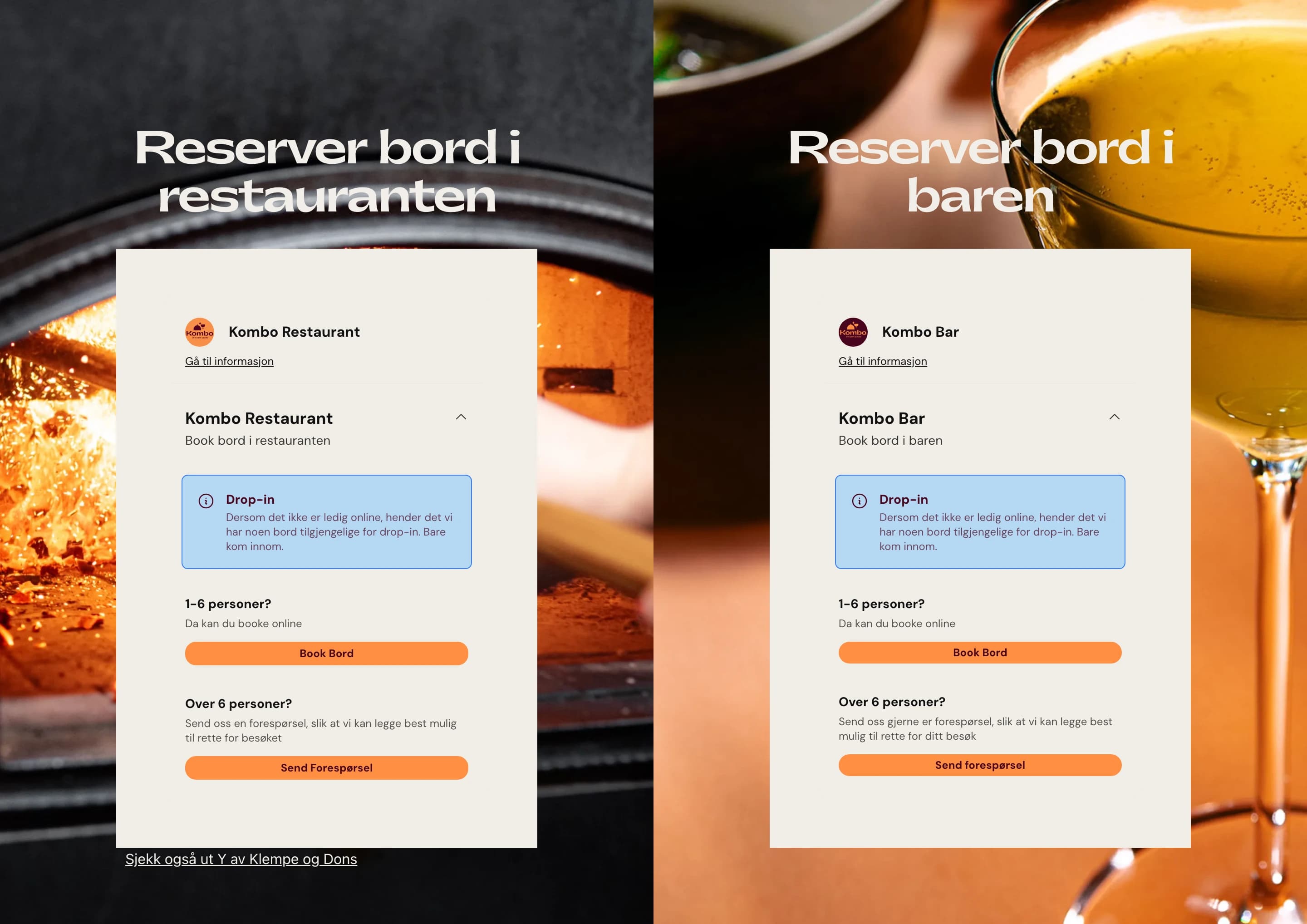 Two booking blocks — Reserver bord i restauranten and Reserver bord i baren, each with its own booking widget: Book Bord for one to six guests, Send forespørsel for larger groups