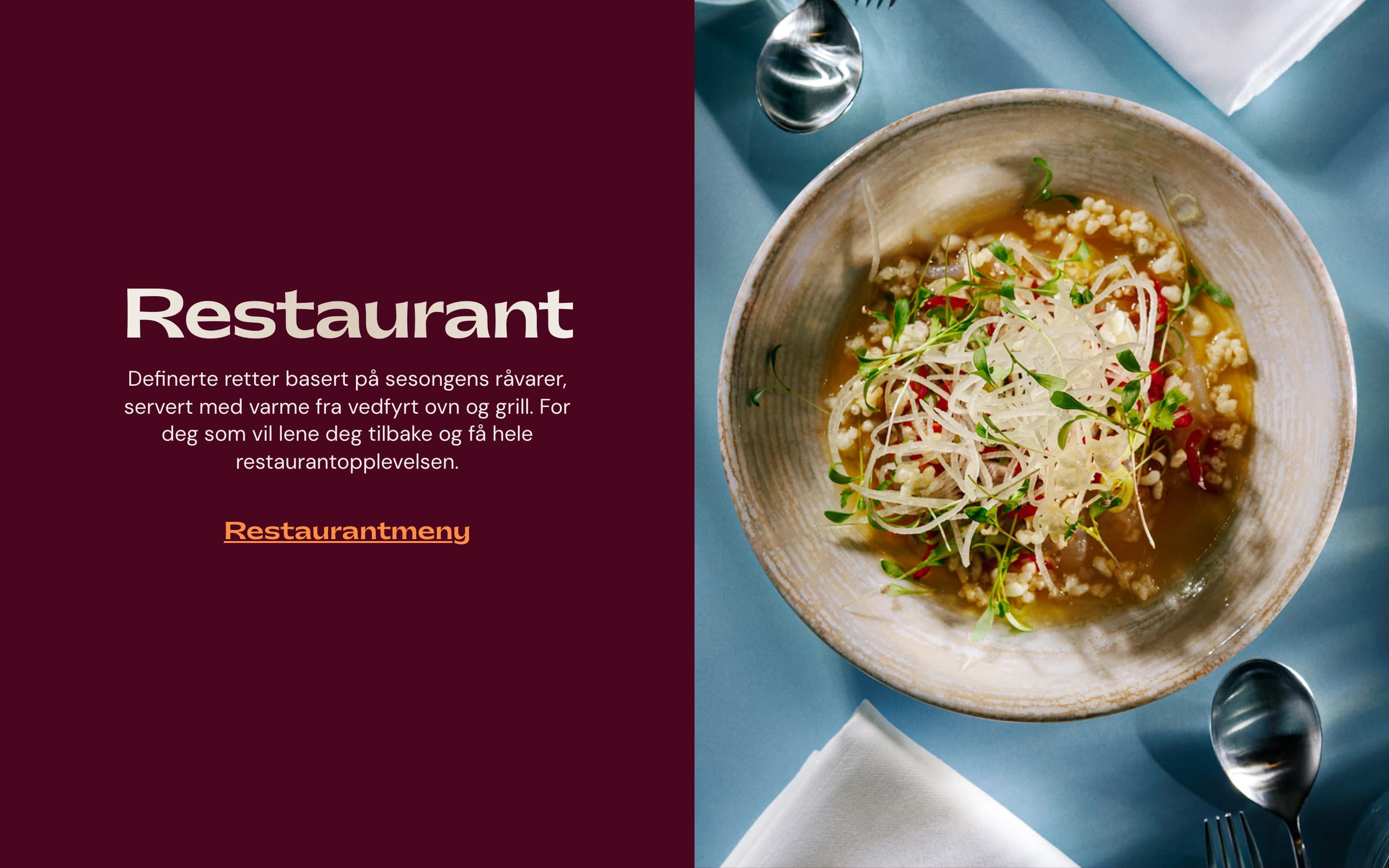 Kombo home page Restaurant block — a burgundy panel with the restaurant's story and a Restaurantmeny link beside a plated dish