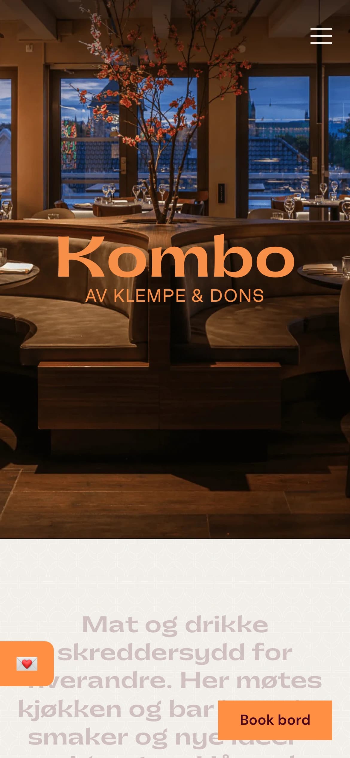 Kombo home page on a phone, with the Book bord button