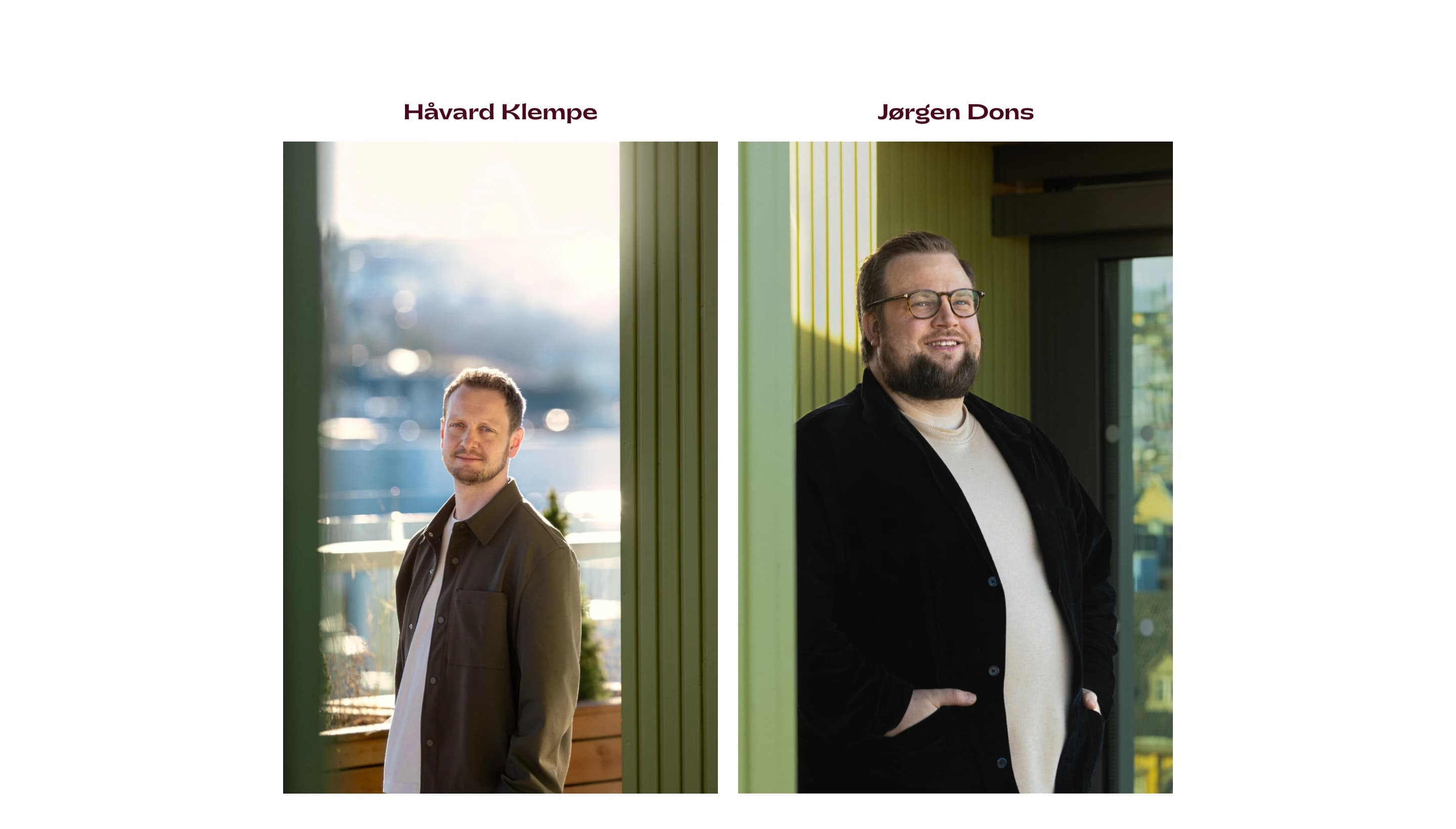 Kombo Om oss page — portraits of chef Håvard Klempe and bartender Jørgen Dons