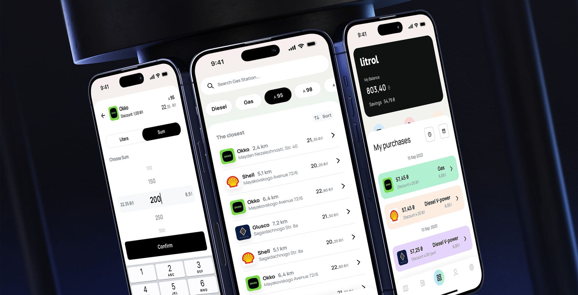Litrol mobile app screens showing account balance and product flow