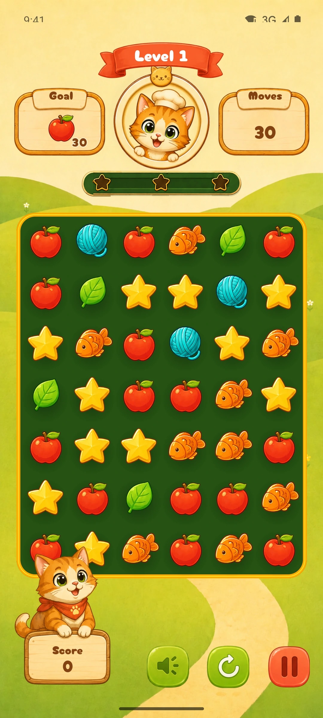 Meowzy level 1 on Android: collect 30 apples in 30 moves, on a Compose Canvas board of apples, yarn, fish, leaves and stars
