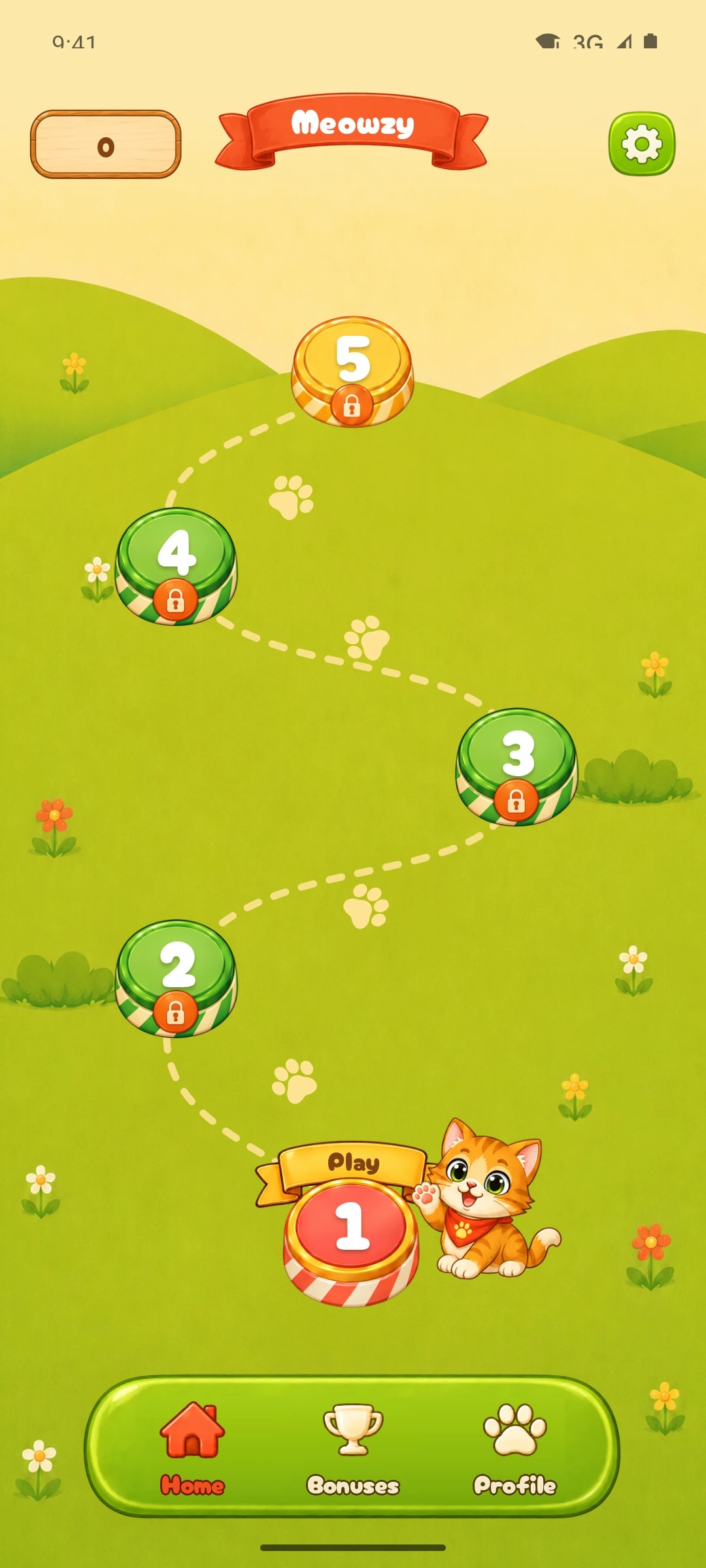 Meowzy on Android: the meadow level map with level 1 ready to play and the cat beside it