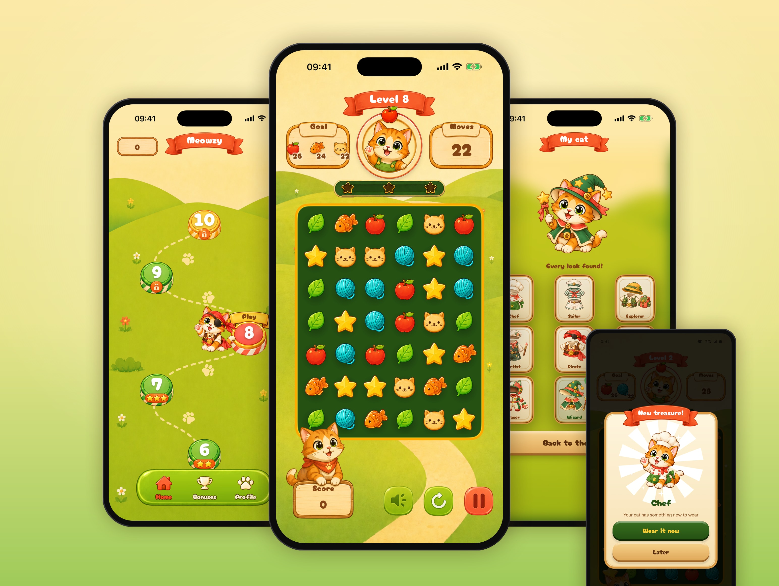 Meowzy on three iPhones — the meadow level map with the cat in a pirate look, a level 8 board of apples, yarn, fish and stars, and the wardrobe — with an Android phone showing a new Chef look
