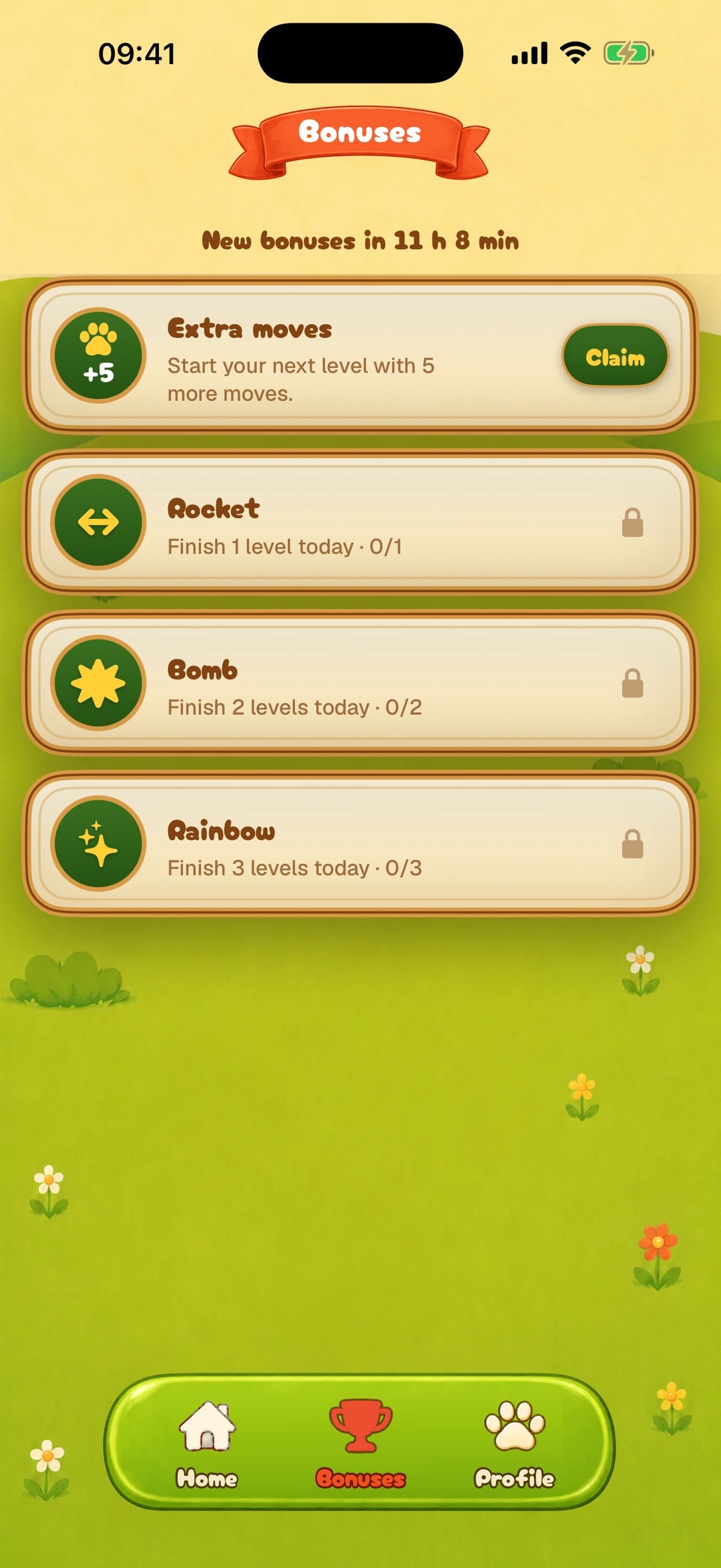 Meowzy Bonuses tab on iPhone: extra moves ready to claim, and a rocket, bomb and rainbow unlocked by finishing one, two or three levels today