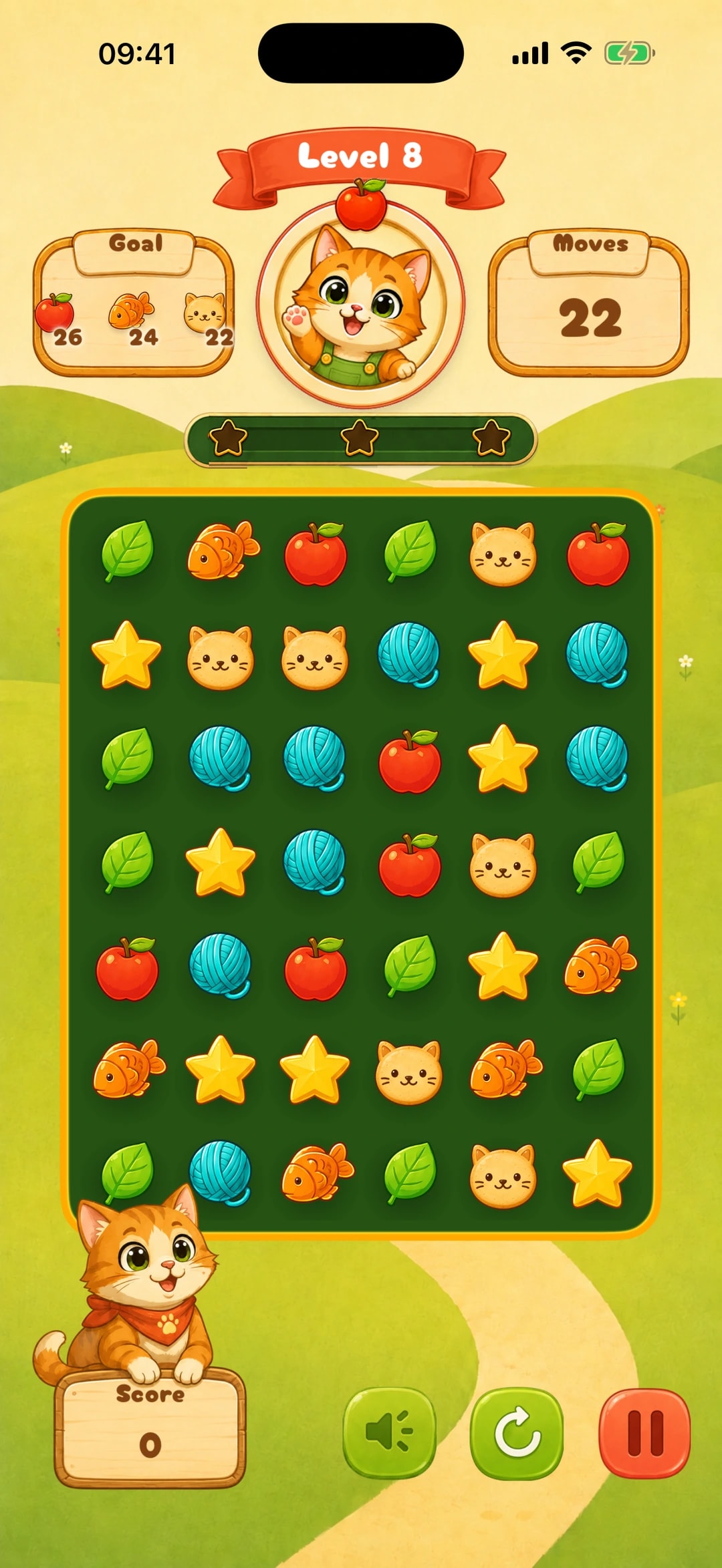 Meowzy level 8 on iPhone: goals for apples, fish and cats, 22 moves left, the star bar, and a board of apples, yarn, fish, leaves, stars and cats