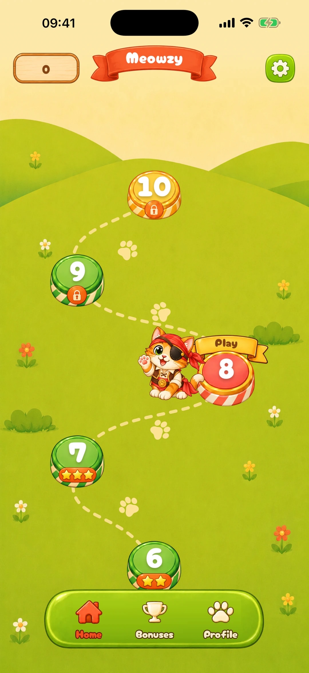 Meowzy level map on iPhone: a meadow trail of numbered platforms, cleared levels with stars, and the cat in a pirate look beside level 8