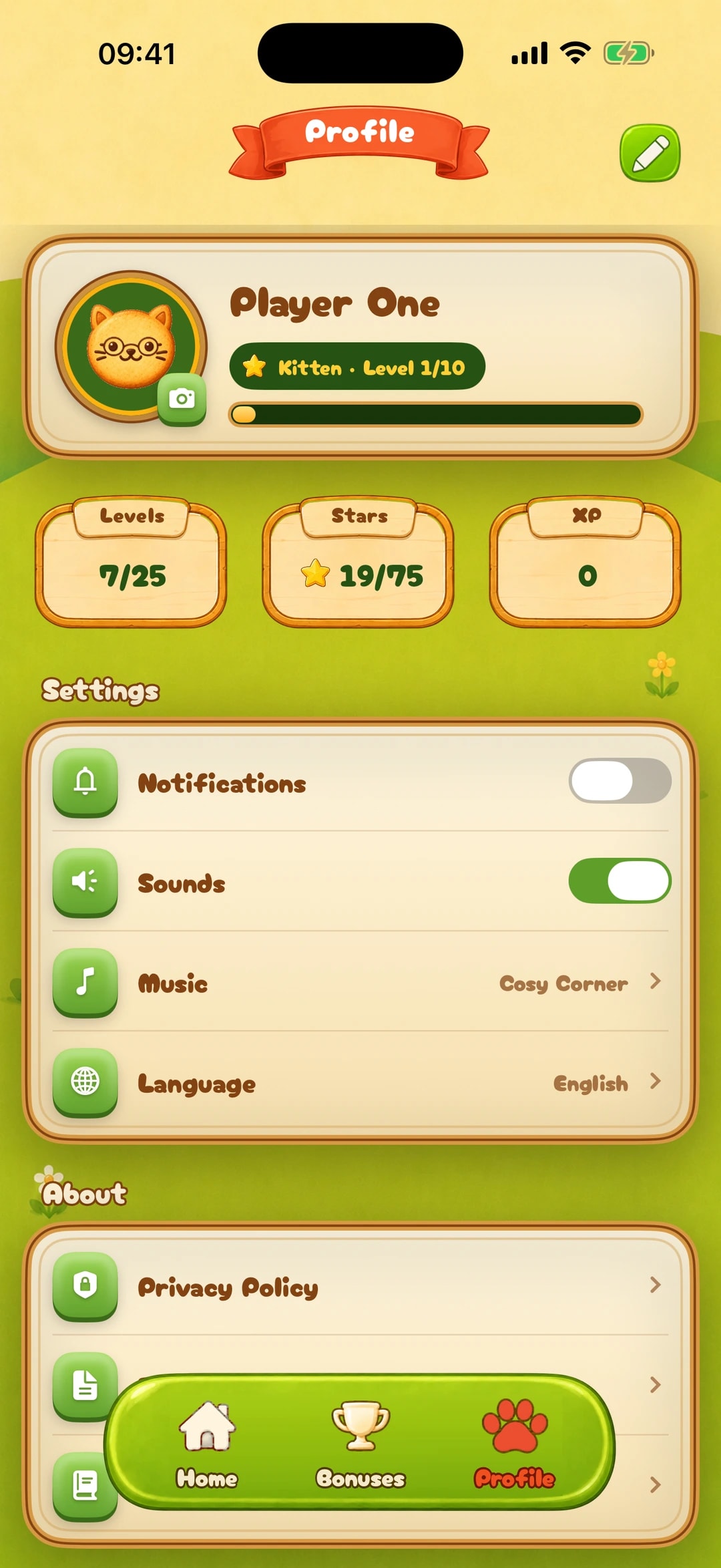 Meowzy profile on iPhone: a cat avatar, the Kitten rank, 7 of 25 levels and 19 of 75 stars, with notifications, sounds, music and language settings