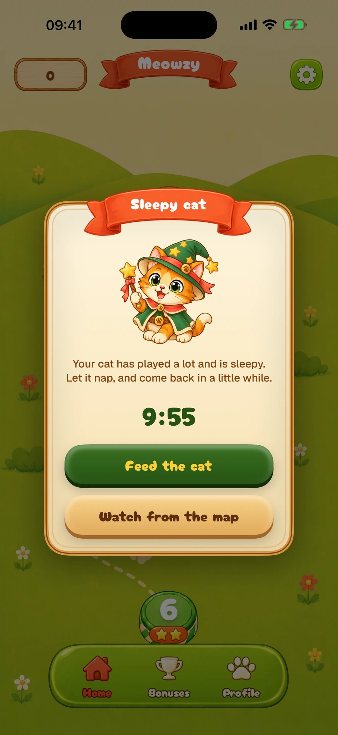 Meowzy Sleepy cat card on iPhone: the cat has played a lot and naps for 9:55, with Feed the cat and Watch from the map buttons