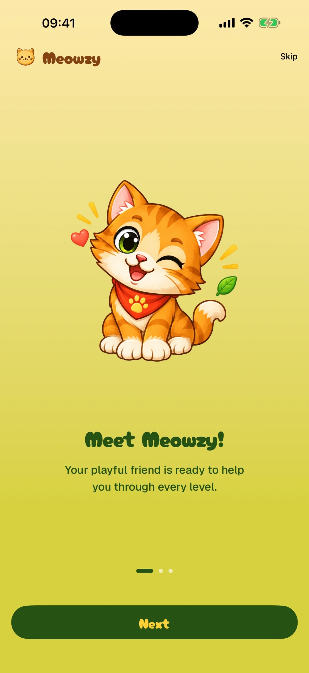 Meowzy first-launch slide on iPhone: Meet Meowzy! with the orange cat in a red scarf winking