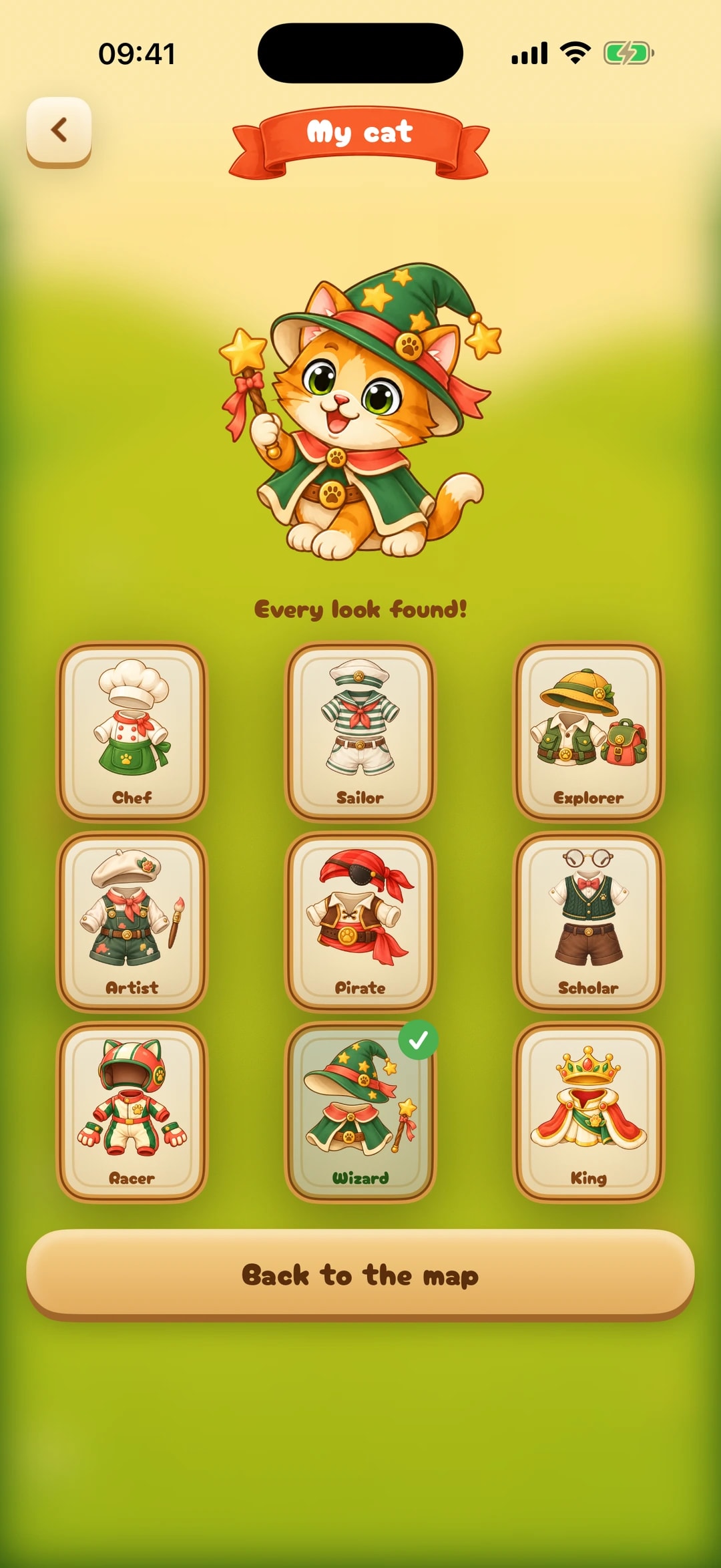 Meowzy wardrobe on iPhone: the cat in the Wizard look above nine outfits — Chef, Sailor, Explorer, Artist, Pirate, Scholar, Racer, Wizard and King