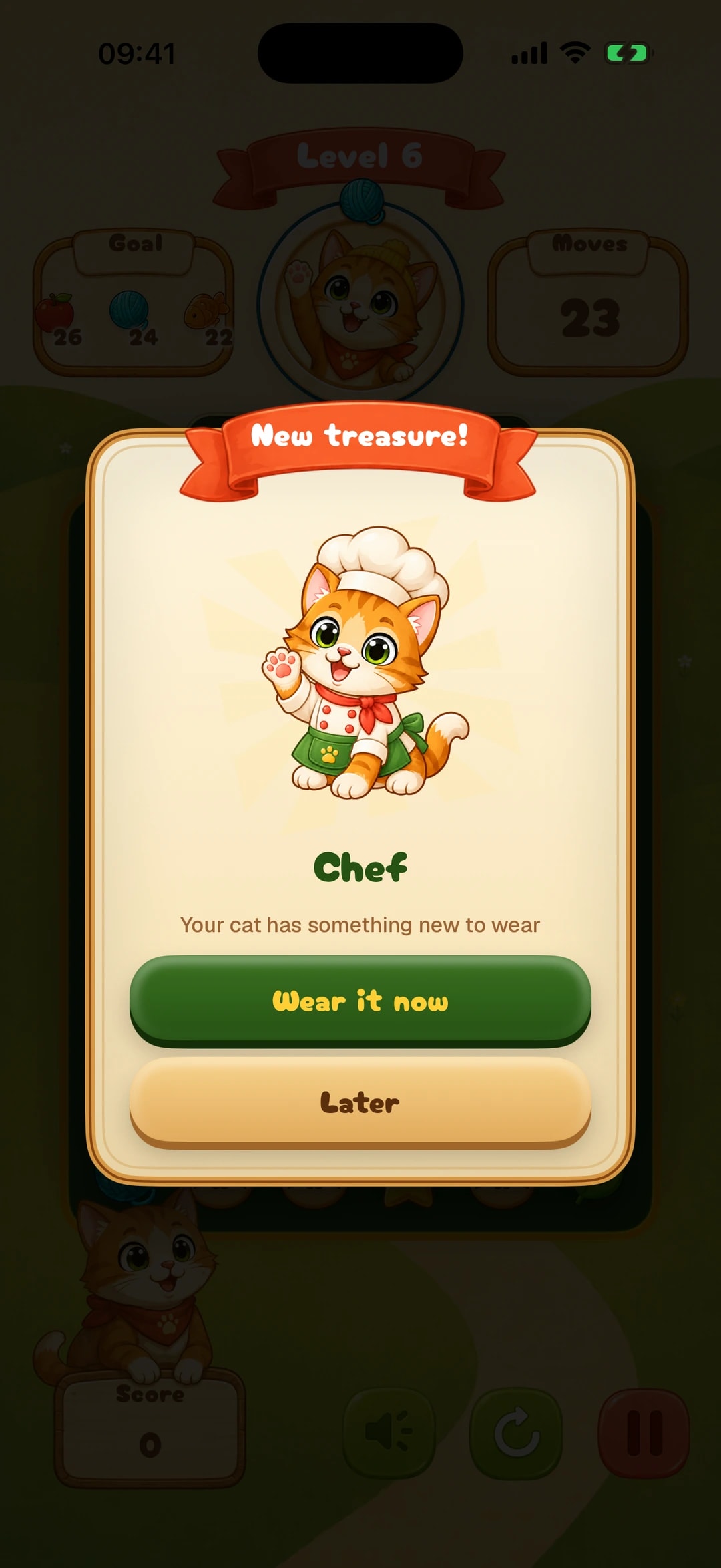 Meowzy on iPhone: the New treasure card after a win, unlocking the Chef look for the cat, with Wear it now and Later buttons