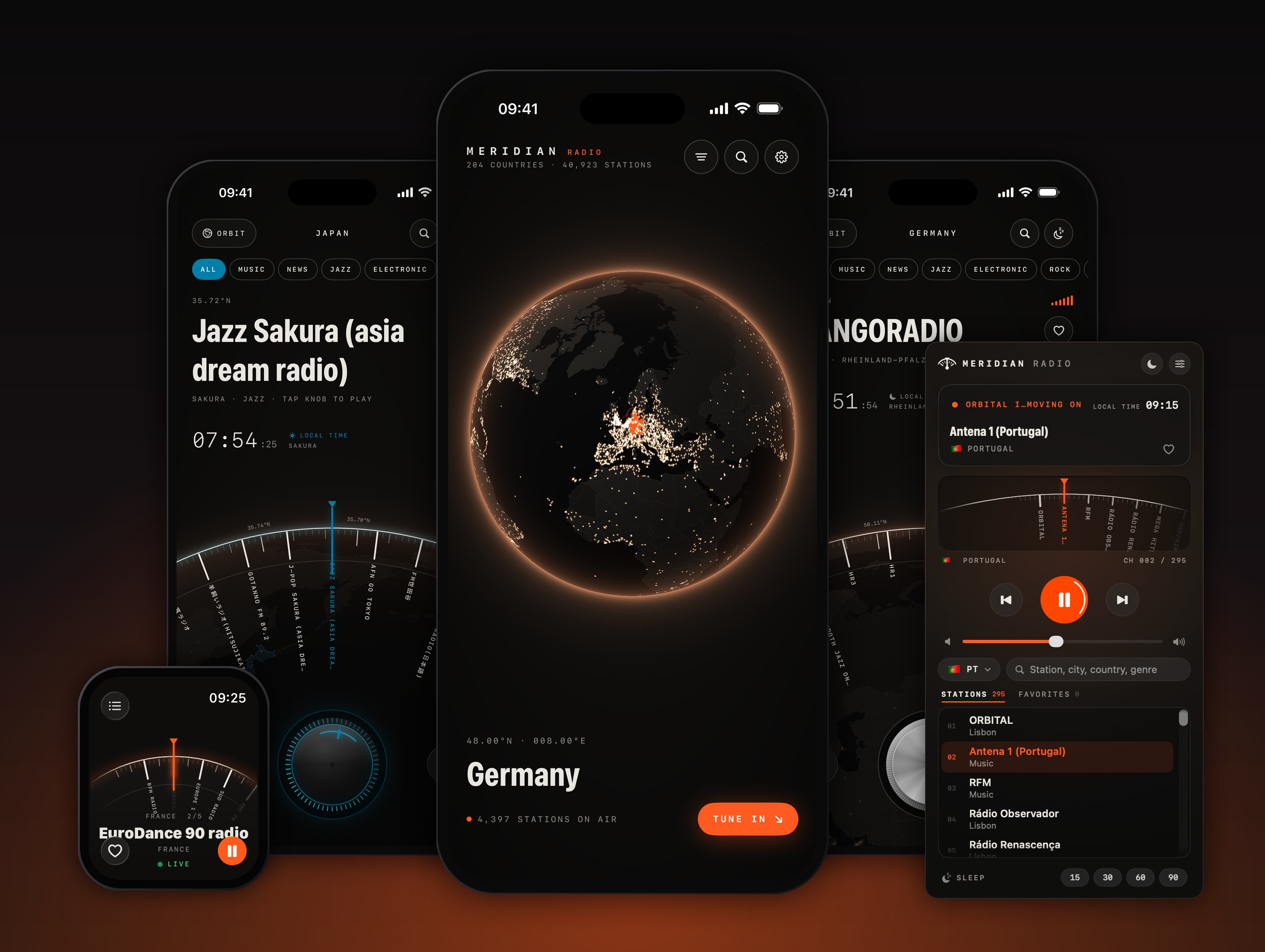 Meridian Radio on three iPhones — the night globe over Europe, the Hologram tuner in Japan and the Instrument tuner in Germany — with the Apple Watch tuner and the Mac menu-bar player in front