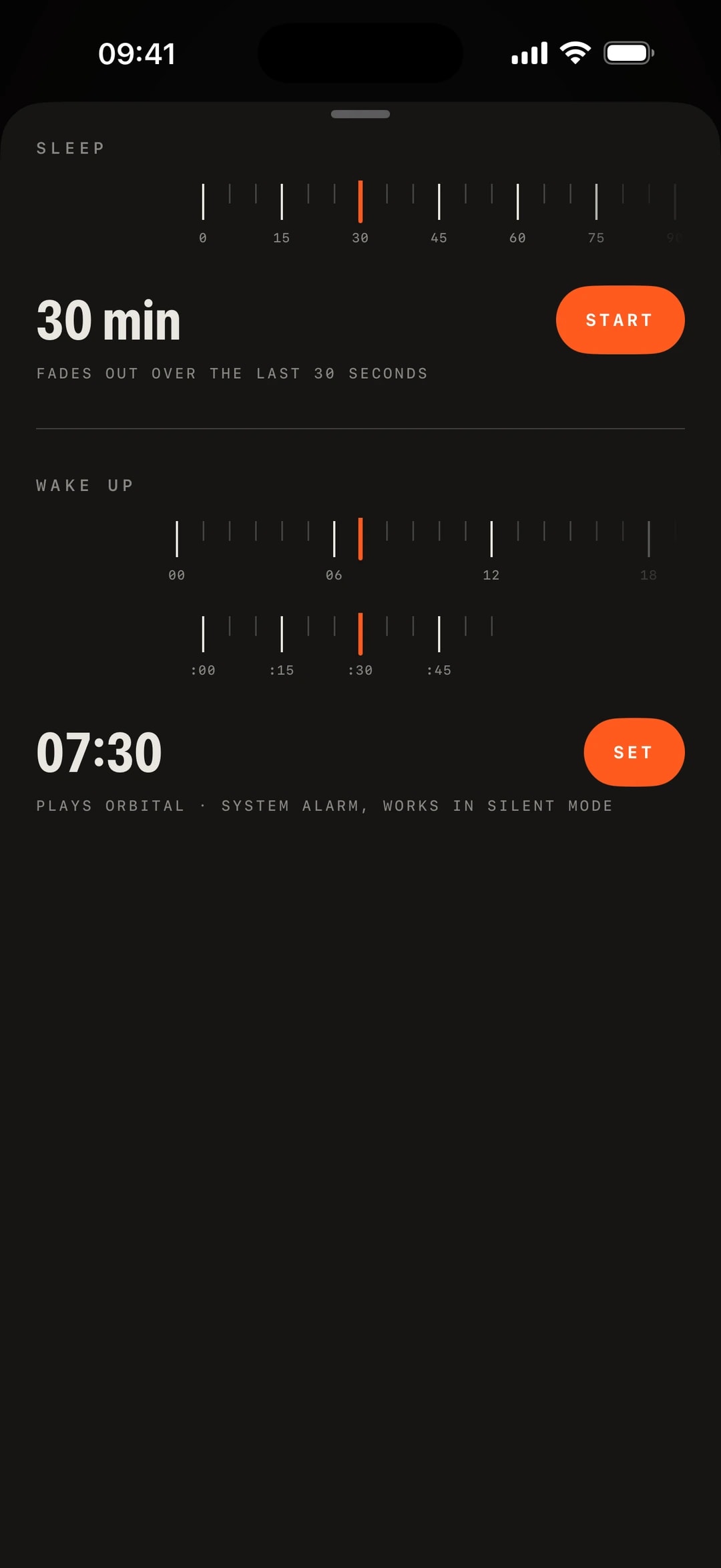 Meridian Radio sleep timer set to 30 minutes and a wake-up alarm at 07:30, both set on engraved mini dials
