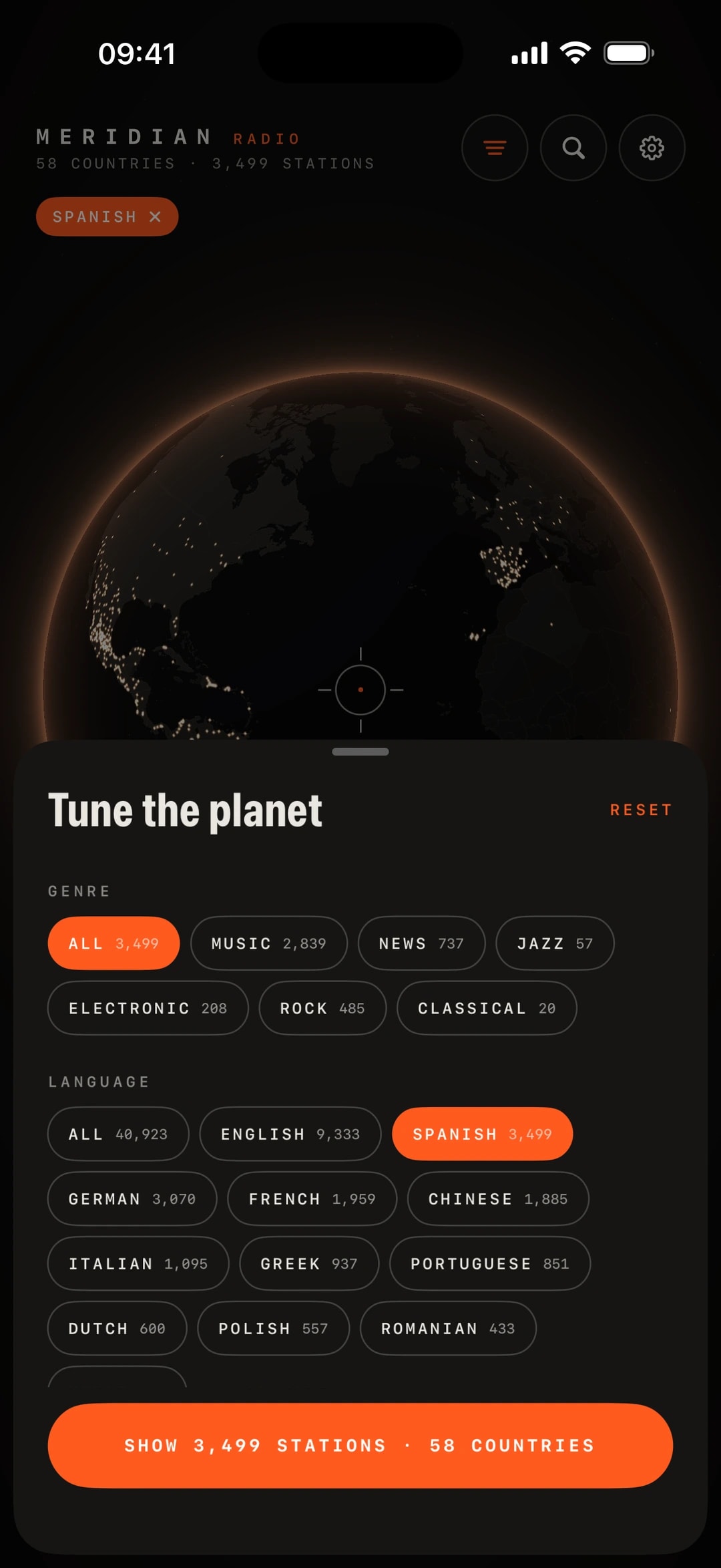 Meridian Radio filter sheet on iPhone: Spanish selected, showing 3,499 stations in 58 countries, with genre and language counts