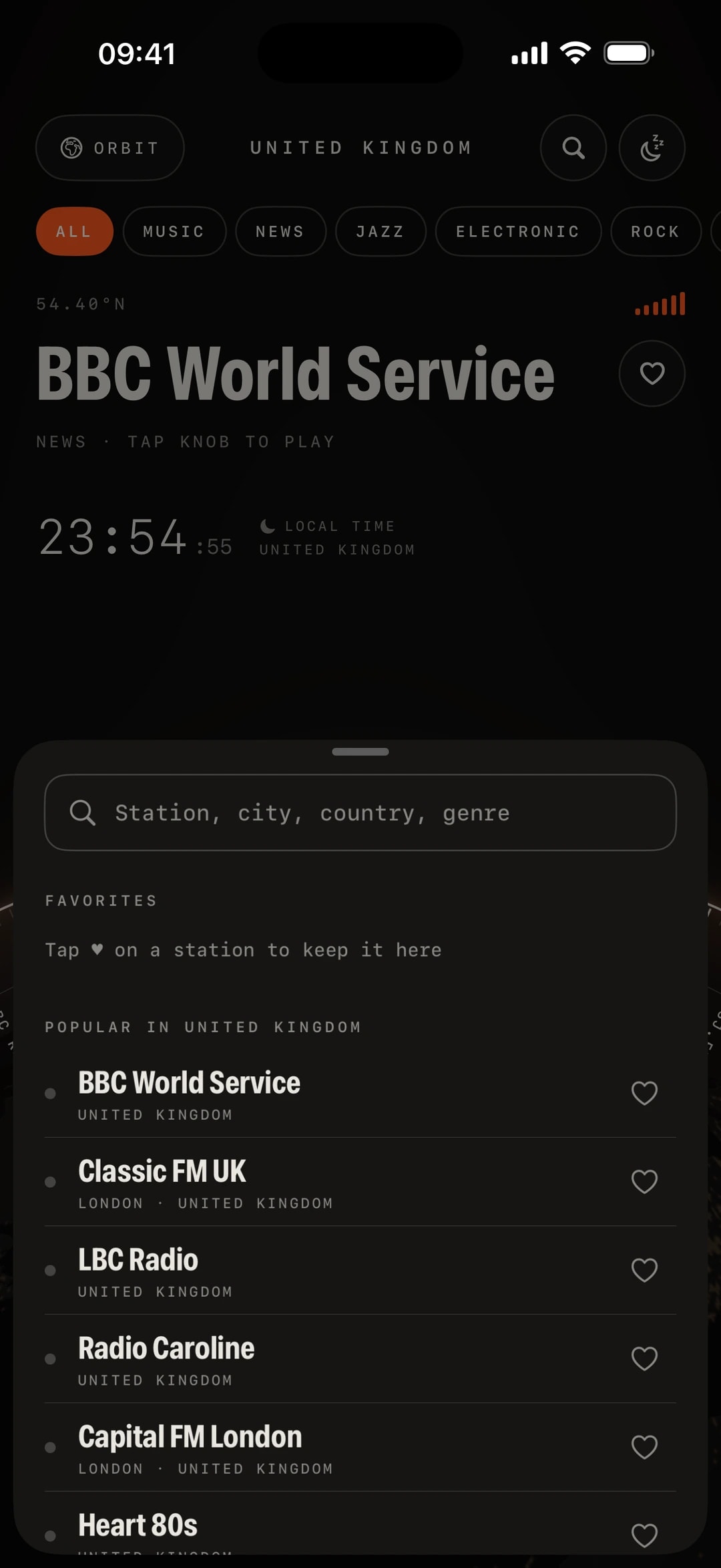 Meridian Radio search and favourites sheet on iPhone over the BBC World Service, with popular stations in the United Kingdom