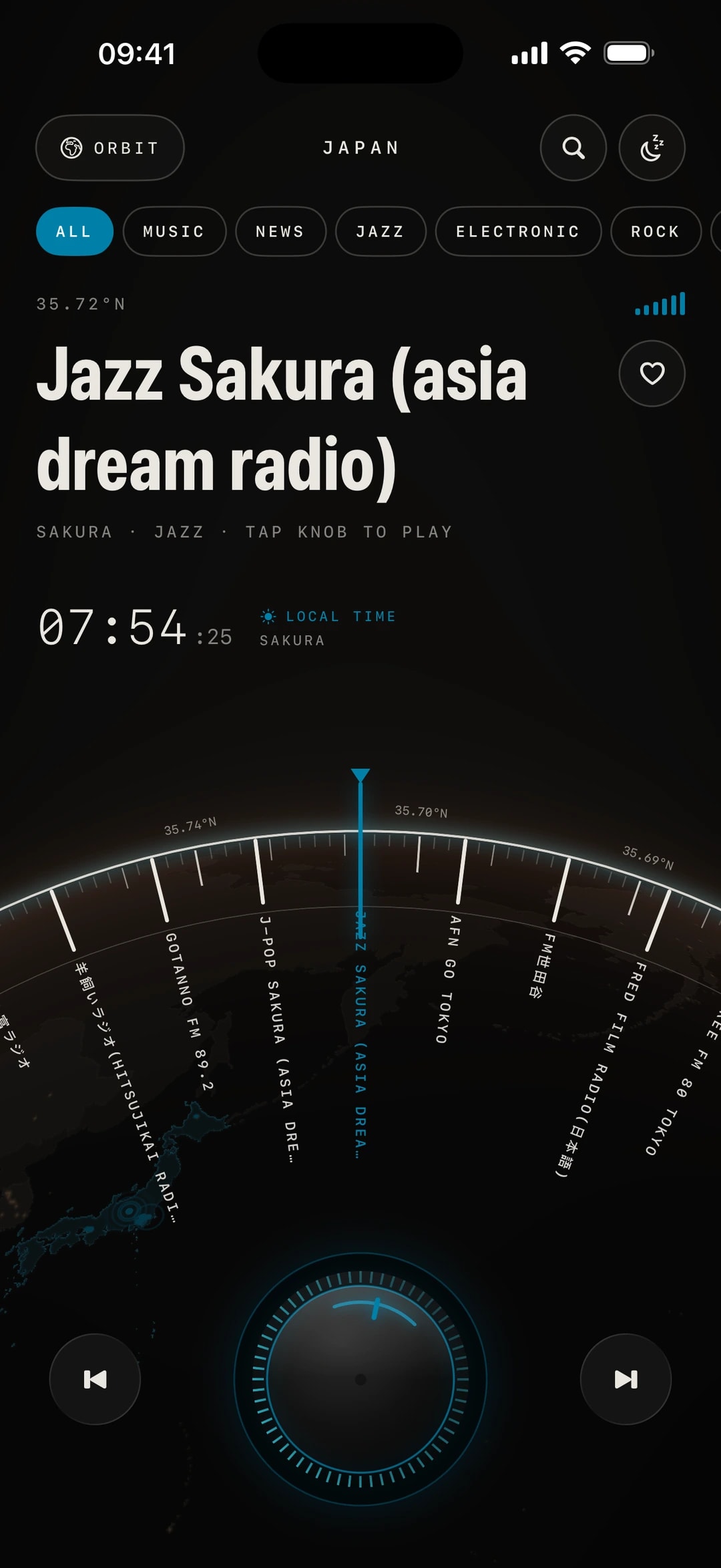 Meridian Radio tuner in the Hologram skin: Jazz Sakura in Japan on a cyan dial with a glowing knob