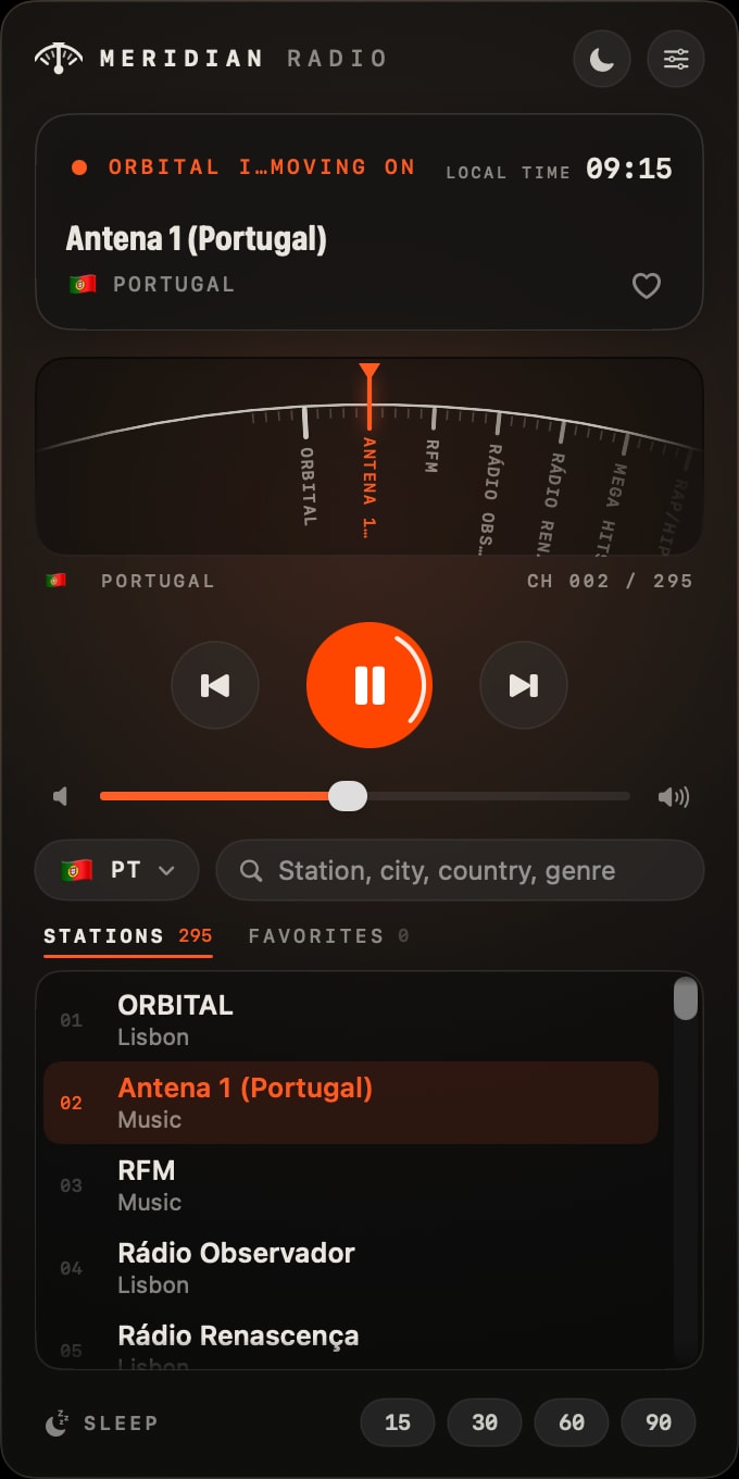 Meridian Radio Mac menu-bar player in the dark theme: Antena 1 from Portugal on air, a tuning dial, playback controls, the station list and sleep timer presets