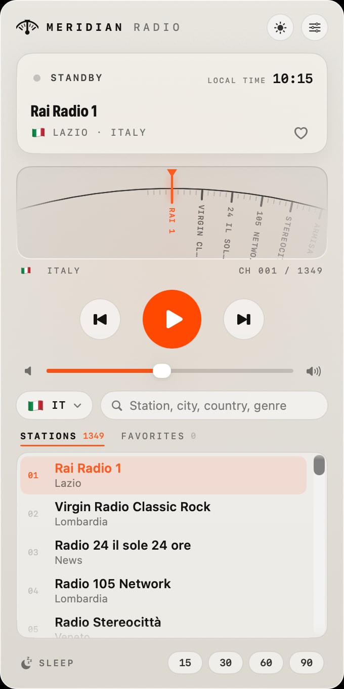 Meridian Radio Mac menu-bar player in the light theme with the Portuguese station list