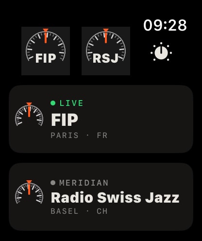 Meridian Radio Apple Watch complications: FIP live from Paris and Radio Swiss Jazz from Basel, each with a small dial