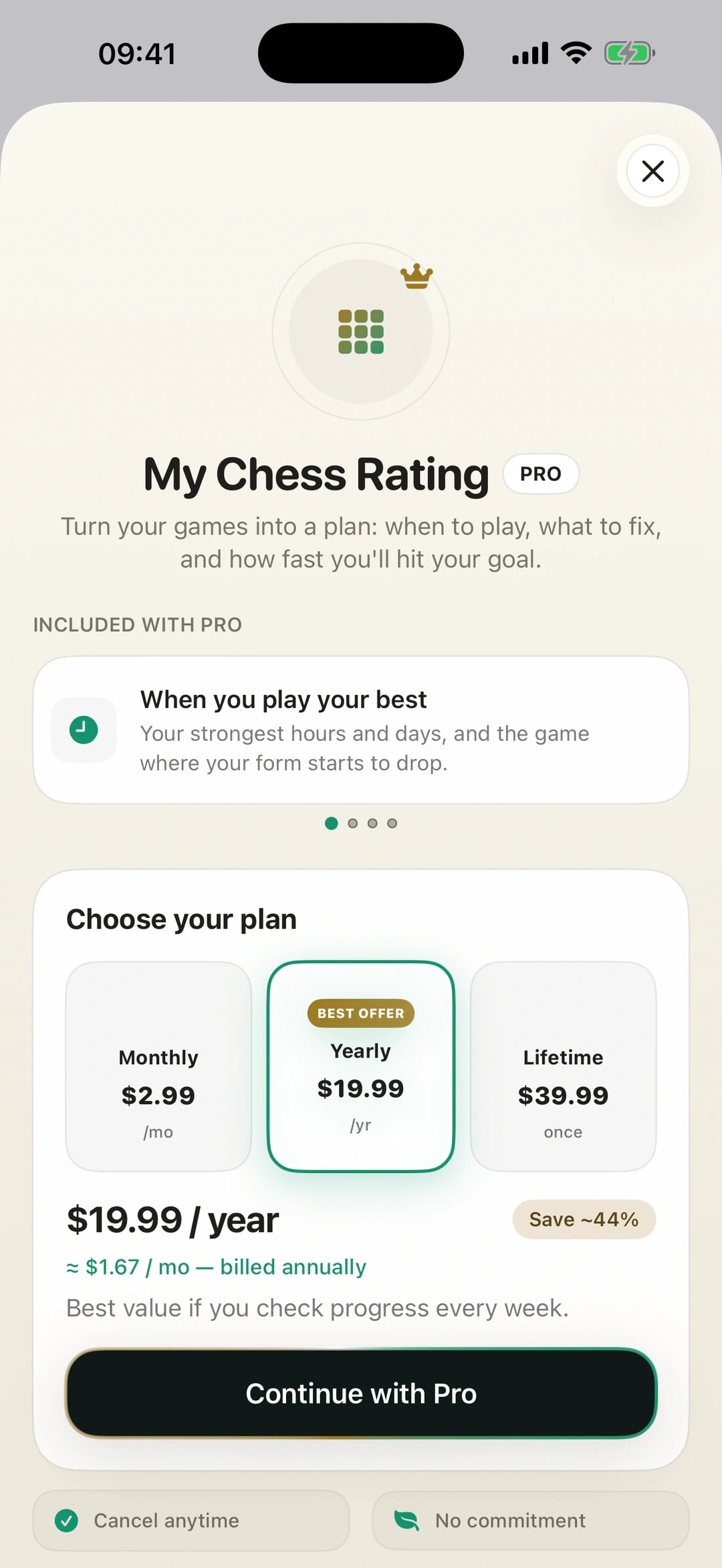 The Pro paywall — monthly, yearly and lifetime plans with the yearly plan selected