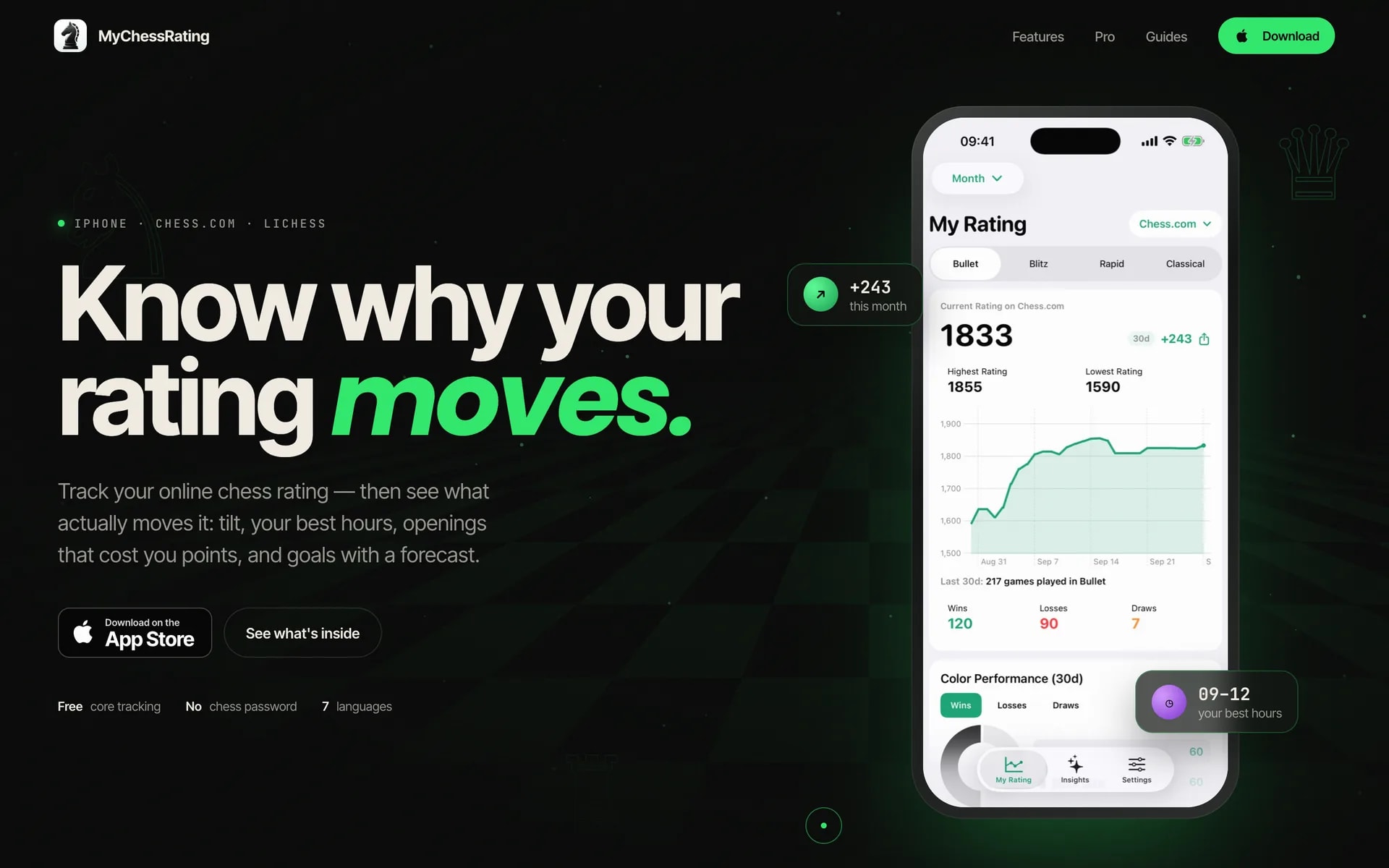 The mychessrating.app homepage hero — Know why your rating moves, with an App Store button and the My Rating screen on an iPhone