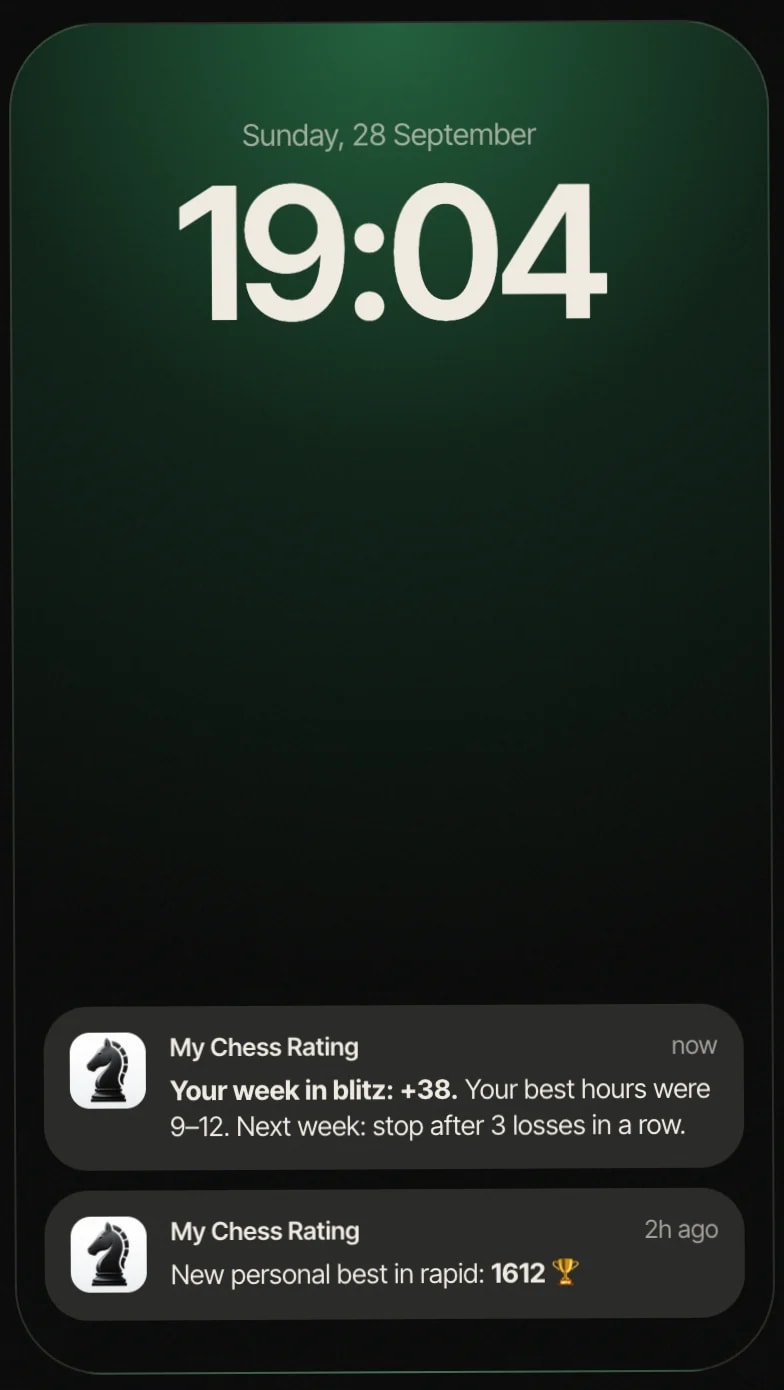 Lock screen on a Sunday evening with two My Chess Rating notifications — a weekly blitz report with the best hours and one thing to try next week, and a new personal best in rapid