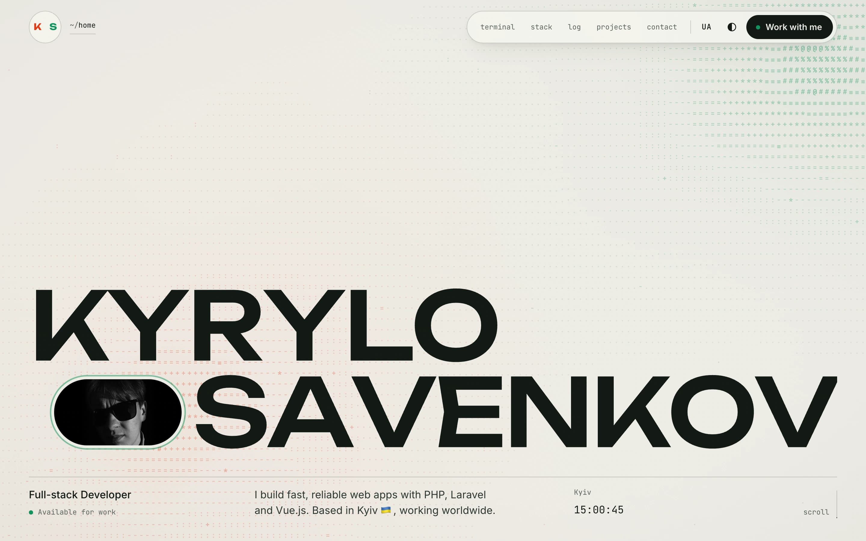 Kyrylo Savenkov's site in the light theme — the same wordmark and photo pill on a warm off-white page