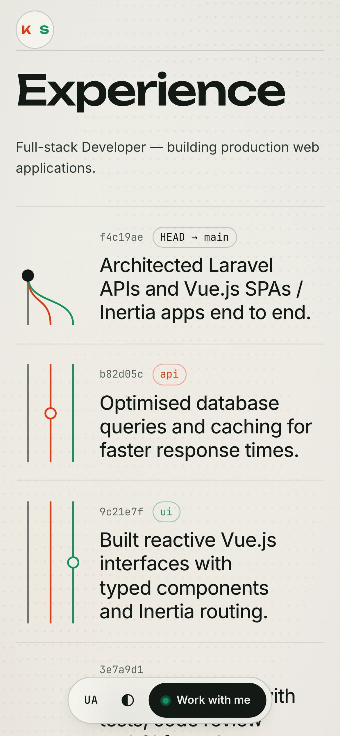 The Experience section on a phone in the light theme — a git-log style list with commit hashes and branch lines