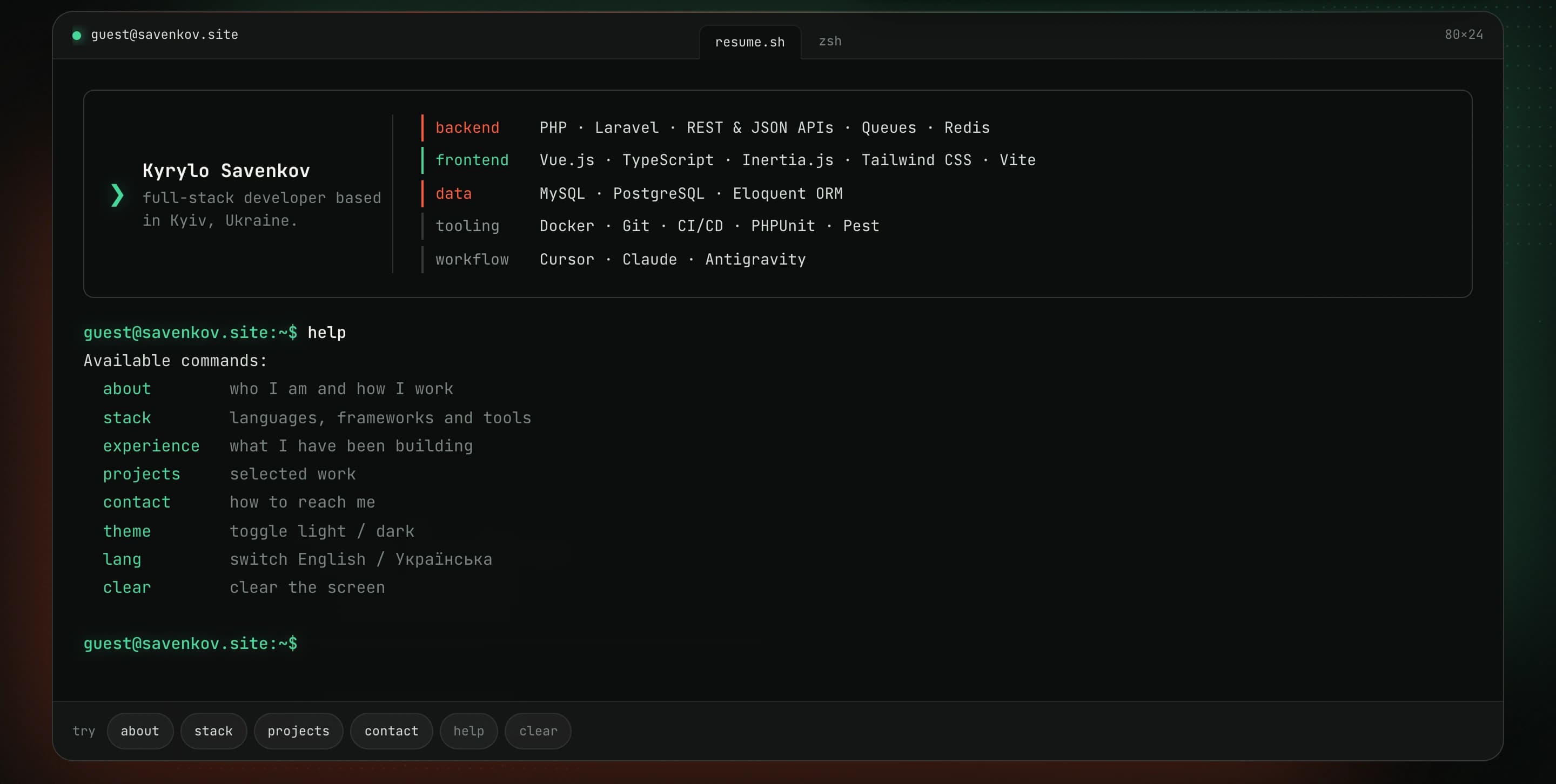 The Run the résumé terminal — a card listing backend, frontend, data, tooling and workflow, above a help command that lists about, stack, experience, projects, contact, theme, lang and clear