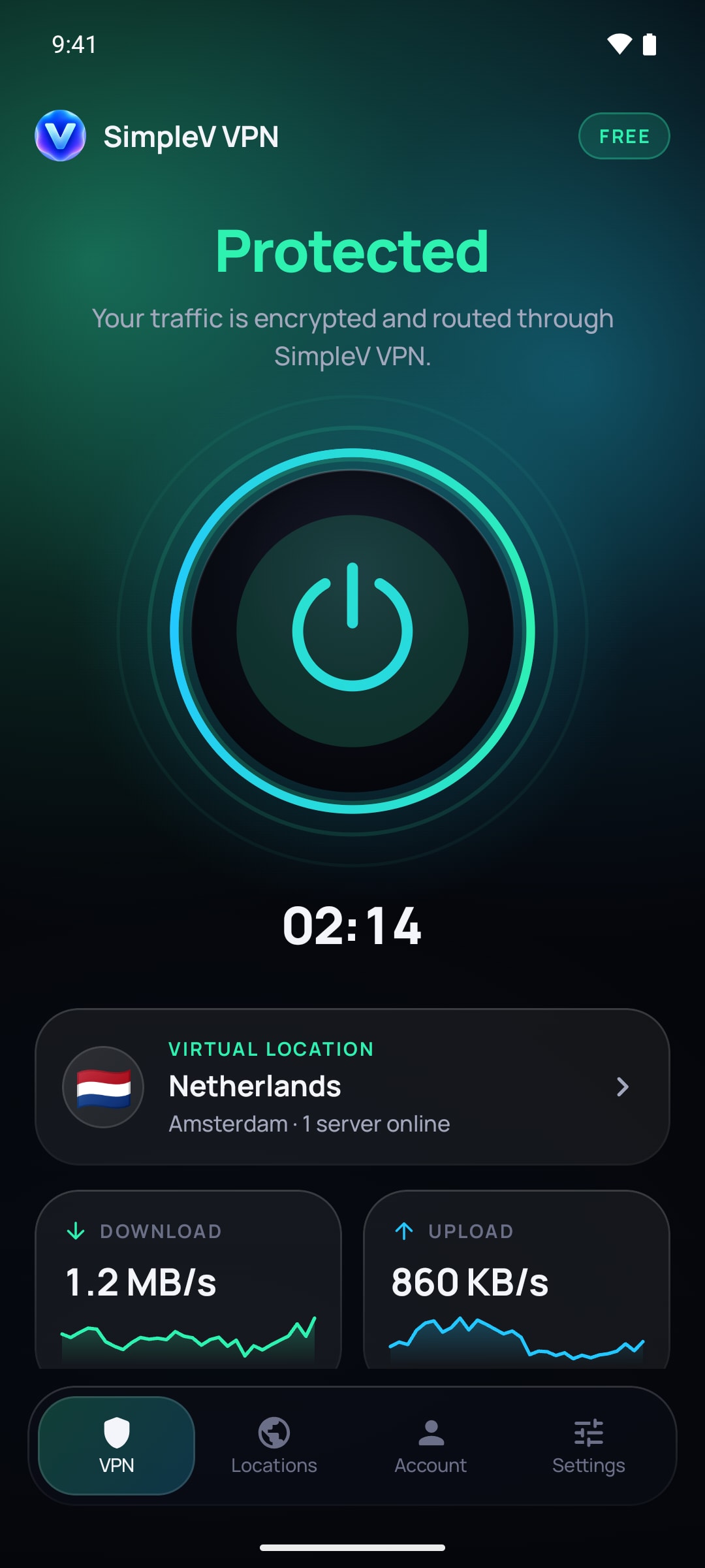 SimpleV home screen in the dark theme — Protected, a glowing power button, a session timer and the Netherlands as the virtual location, with live download and upload speed