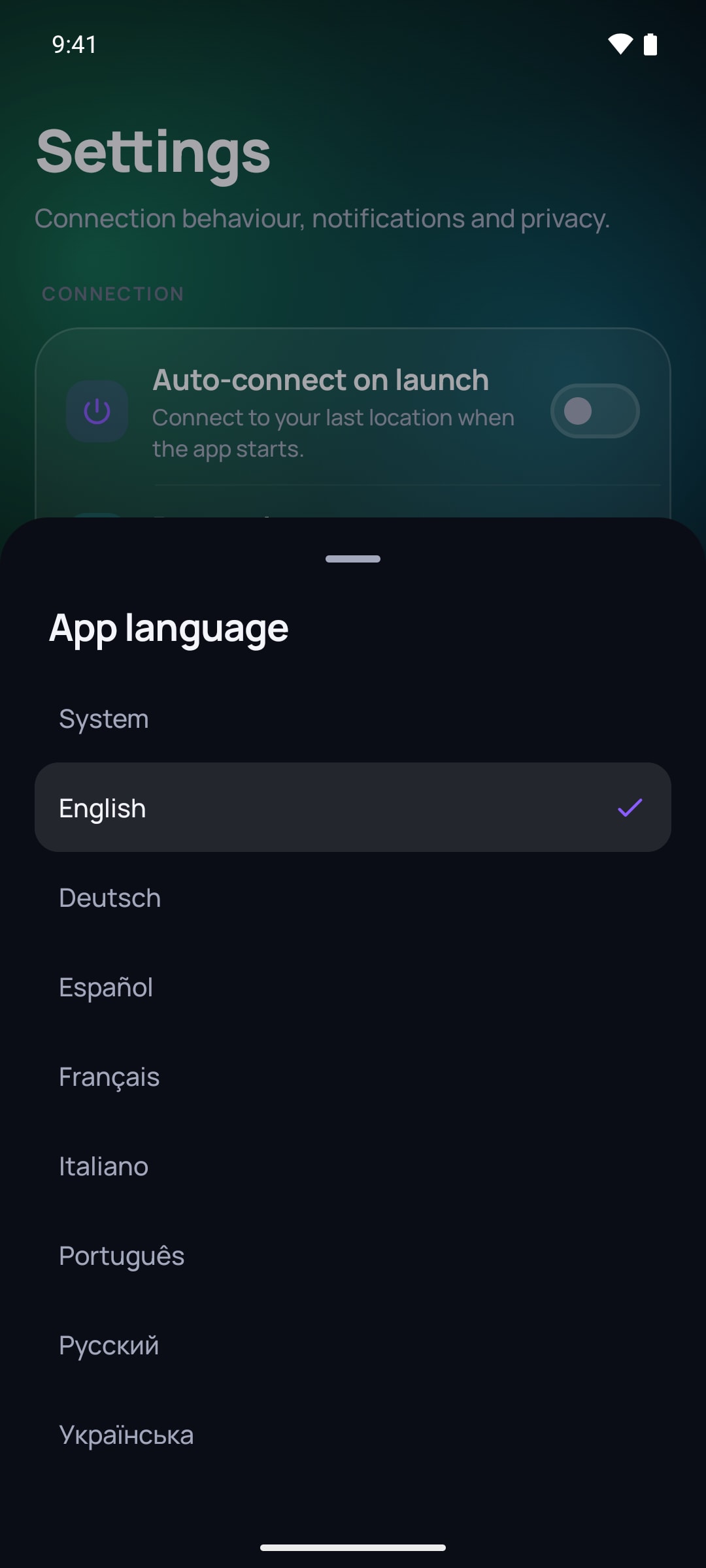 SimpleV settings with the App language sheet open — English, Deutsch, Español, Français, Italiano, Português, Русский and Українська