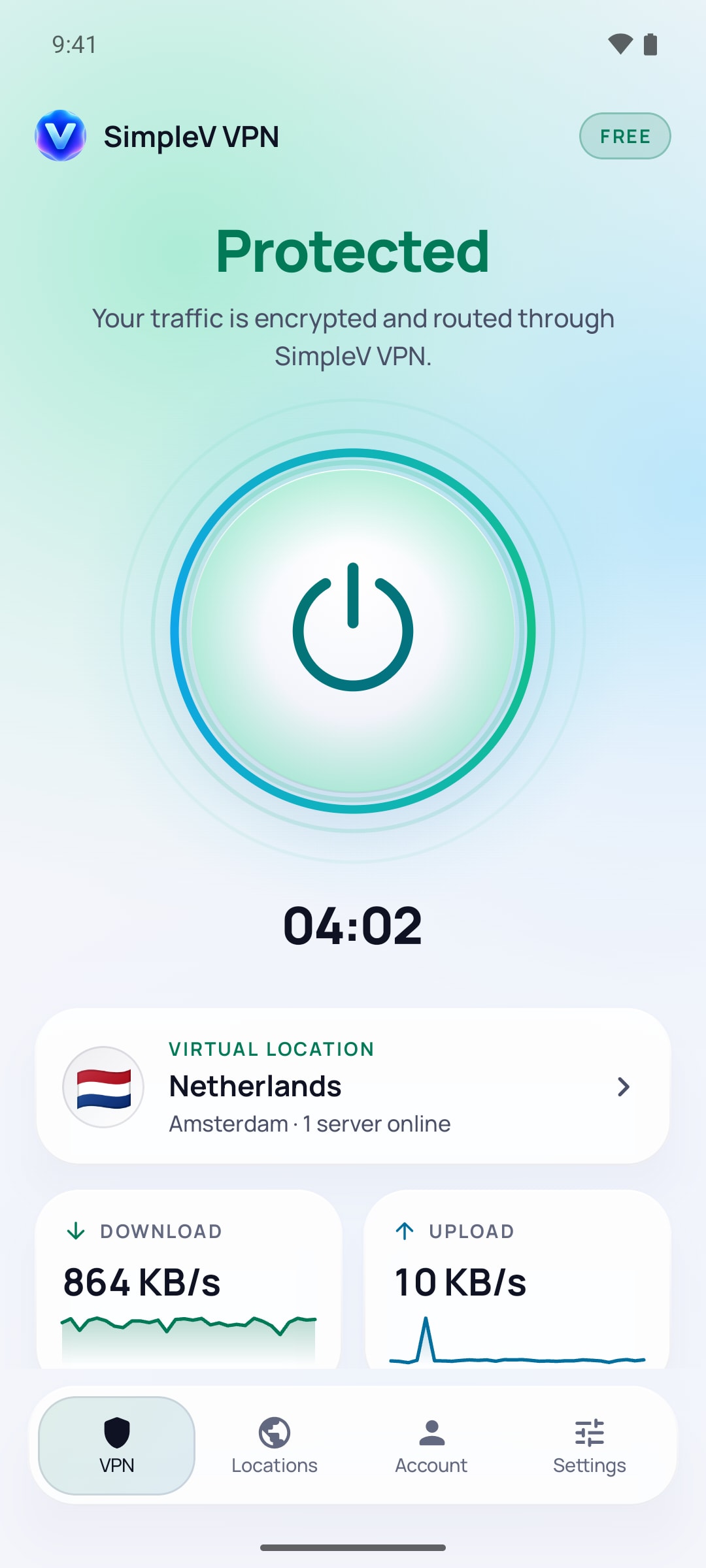 SimpleV home screen in the light theme — Protected, with the session timer, the Netherlands location and live speed