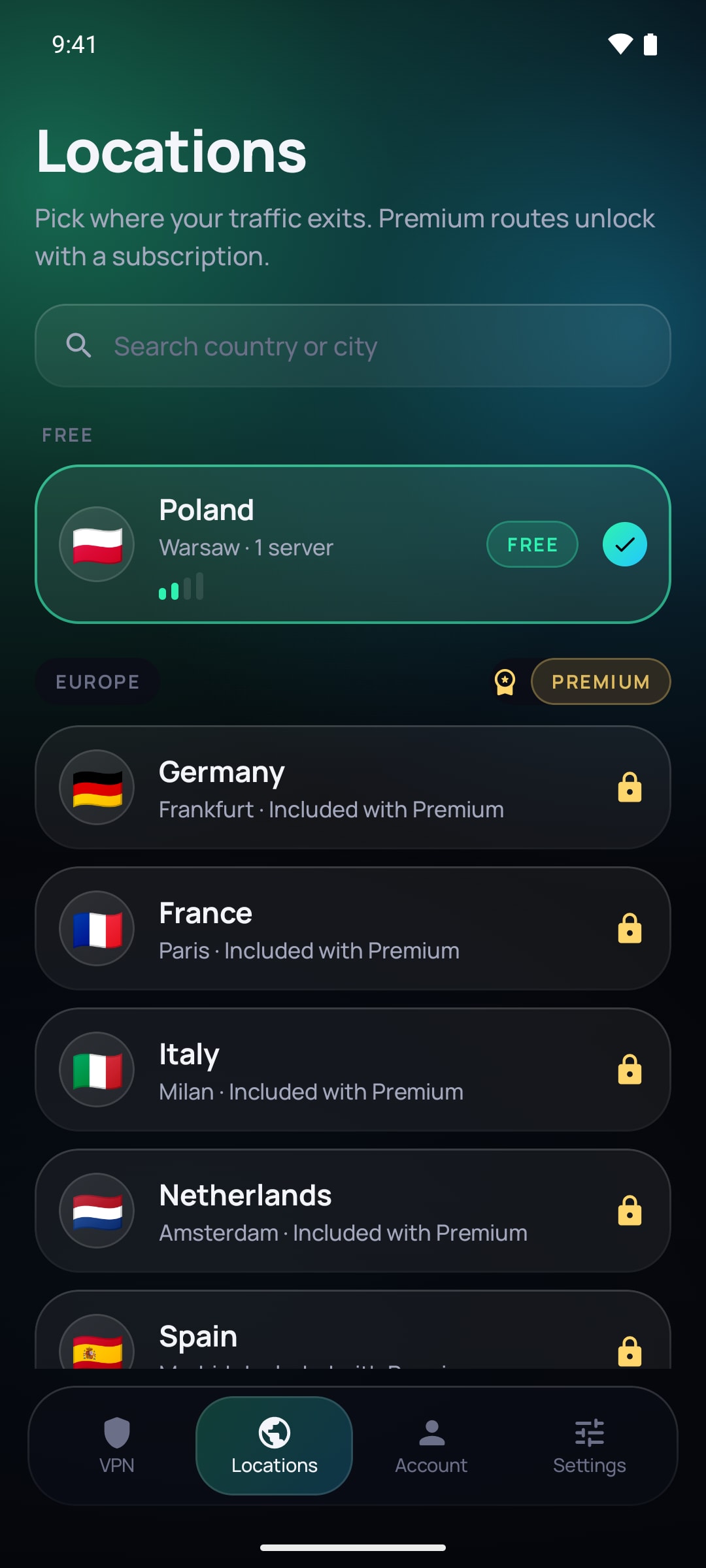 SimpleV Locations screen — a search field, the recommended location and a list of countries with their cities and servers