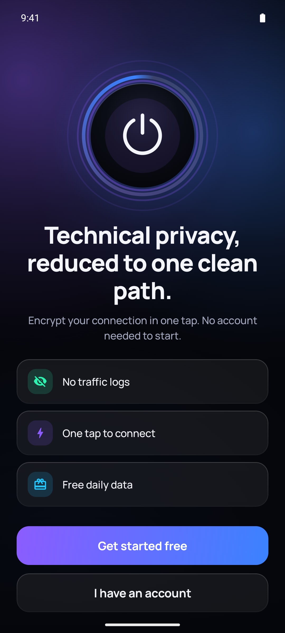 SimpleV welcome screen — Technical privacy, reduced to one clean path, with No traffic logs, One tap to connect and Free daily data, and a Get started free button