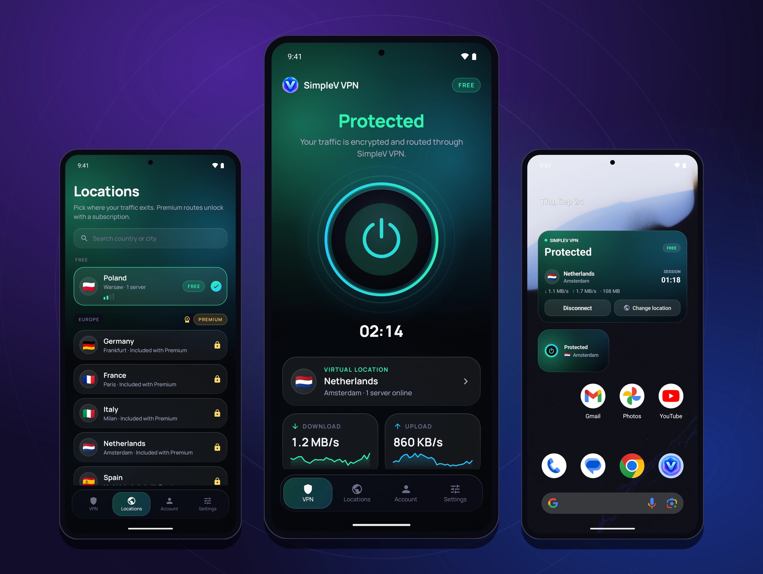 SimpleV VPN on three Android phones — the Protected home screen with the power button in the middle, the Locations list and the home-screen widgets either side, on a dark purple background