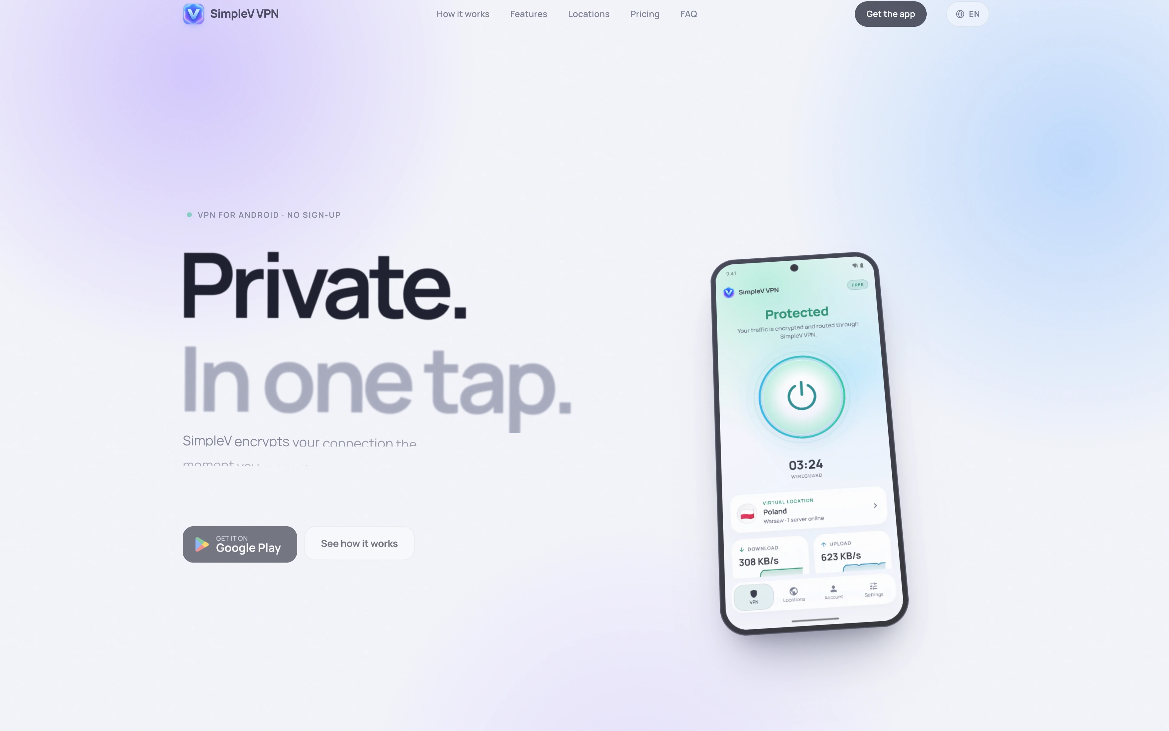 The SimpleV homepage hero — Private. In one tap., a Get it on Google Play button and the Protected home screen on an Android phone, labelled No traffic logs, WireGuard, Reality and 33 locations