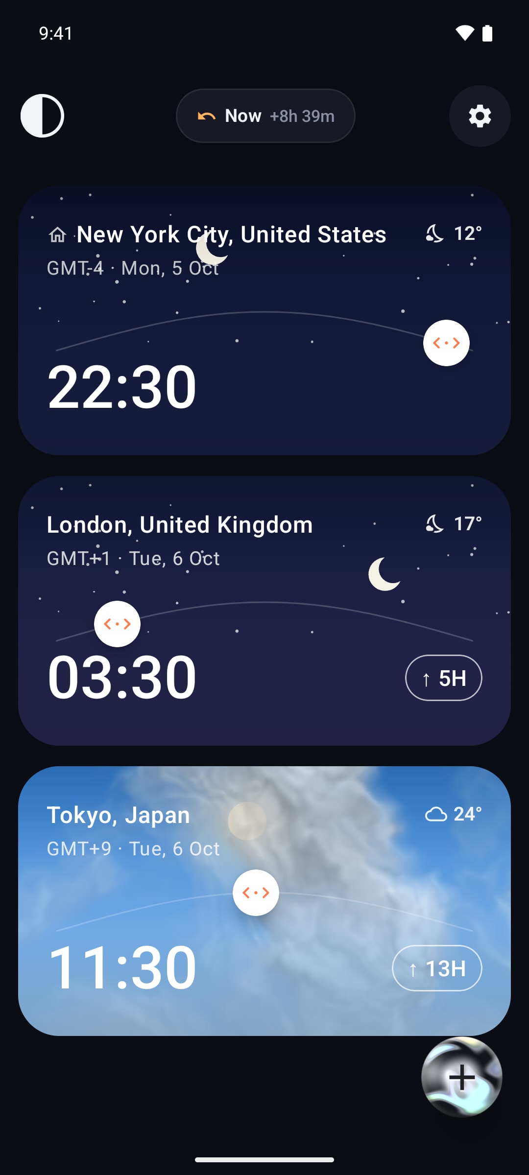 Timeslide on Android: New York, London and Tokyo cards in the night-sky look, moved 8 hours ahead