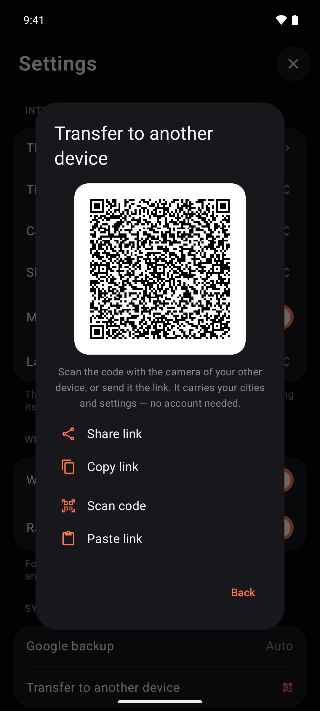 Timeslide on Android: the Transfer to another device sheet with a QR code, share link, copy link, scan code and paste link