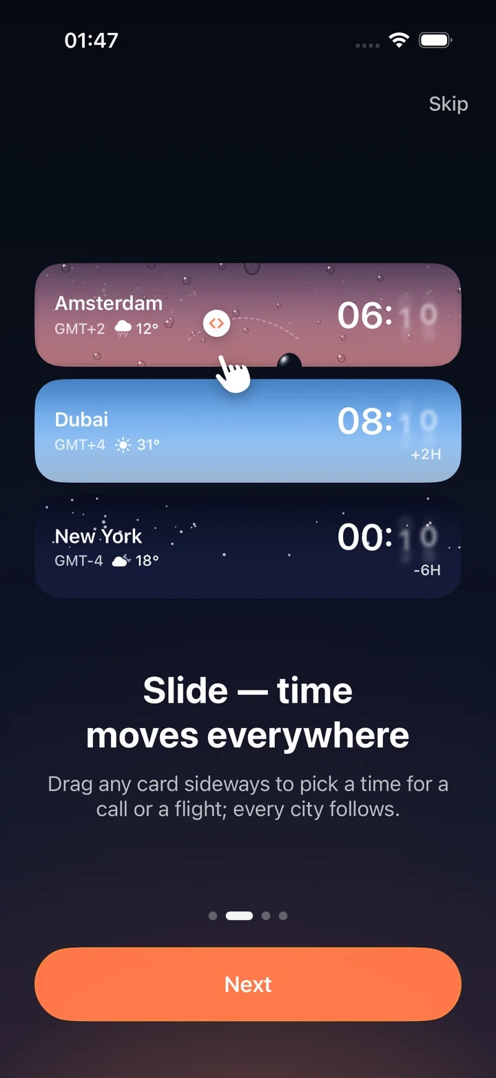 Timeslide onboarding: Slide — time moves everywhere, with a hand dragging the Amsterdam card