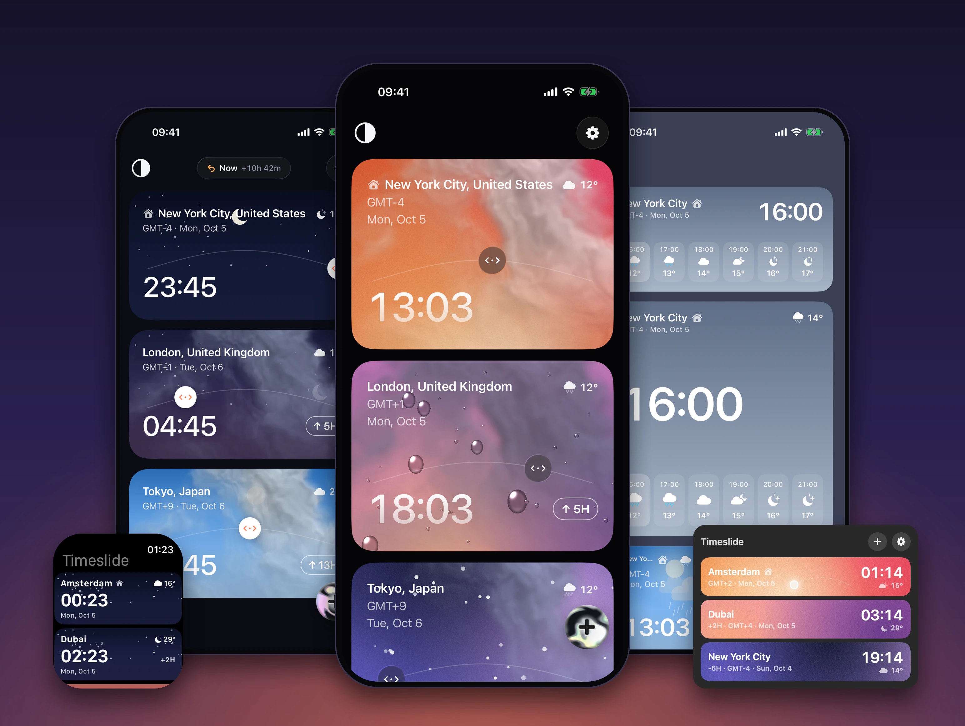 Timeslide on three iPhones — night-sky city cards, cards with clouds and raindrops, and Home Screen widgets — with the Apple Watch app and the Mac menu bar window in front