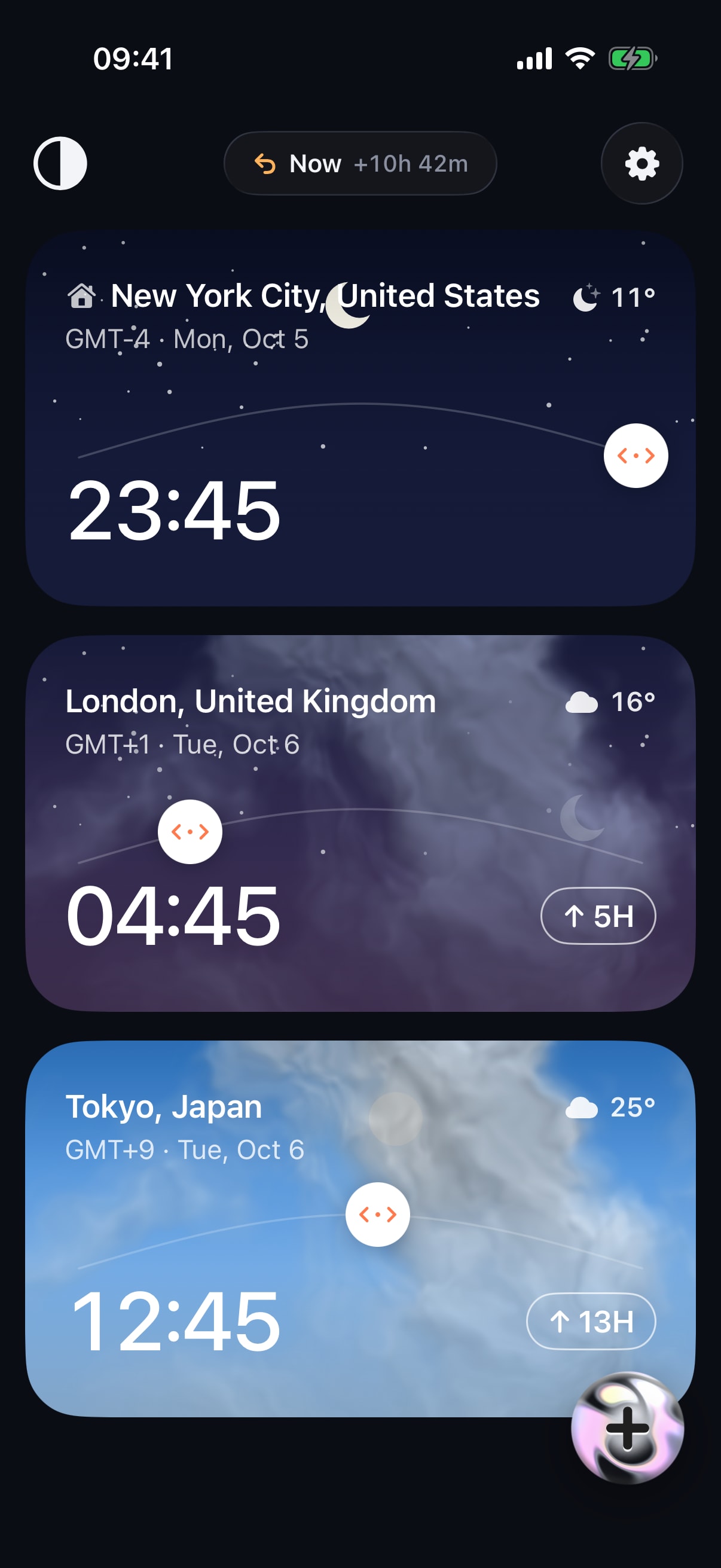 Timeslide on iPhone: New York, London and Tokyo cards moved 10 hours ahead, with a Now pill to jump back