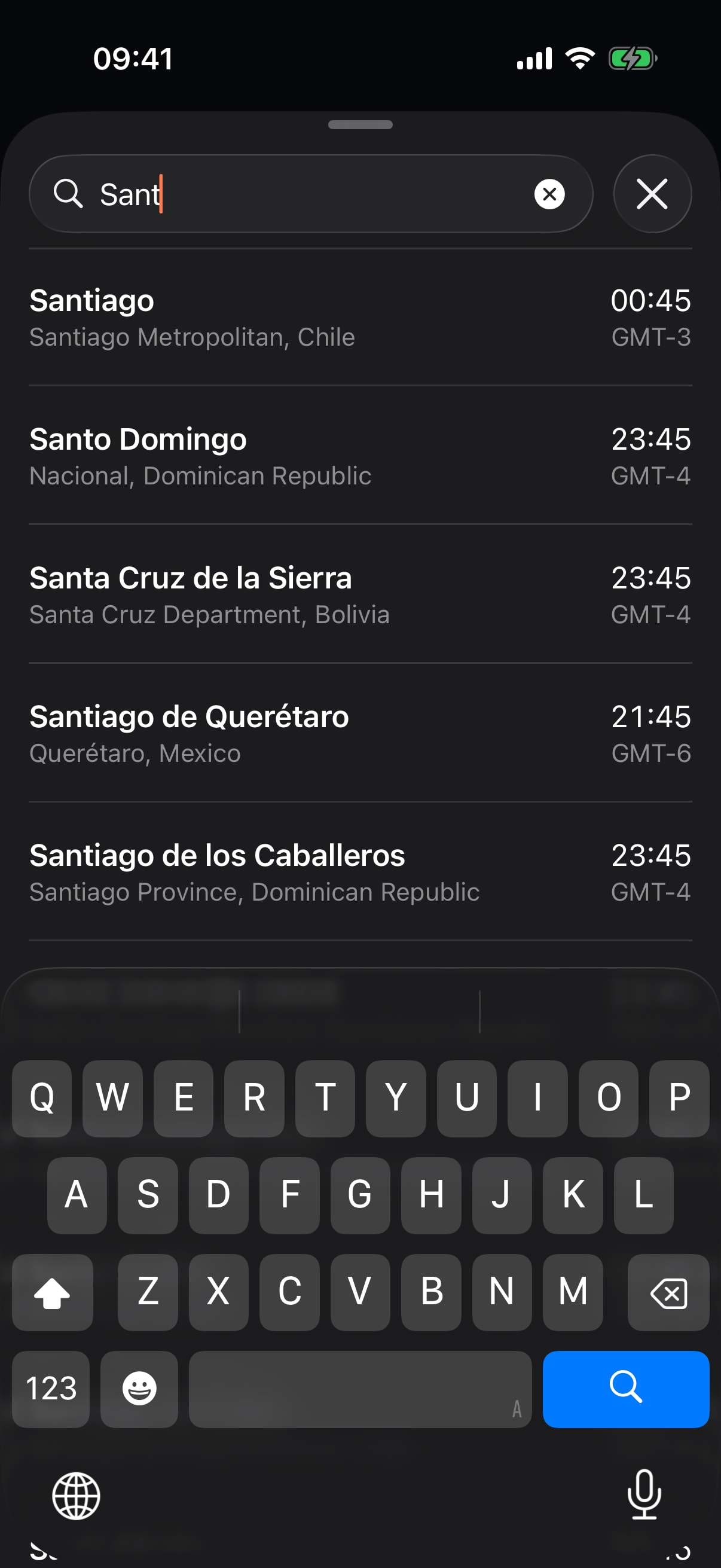 Timeslide city search on iPhone for “Sant”: Santiago, Santo Domingo and Santa Cruz with local time and offset