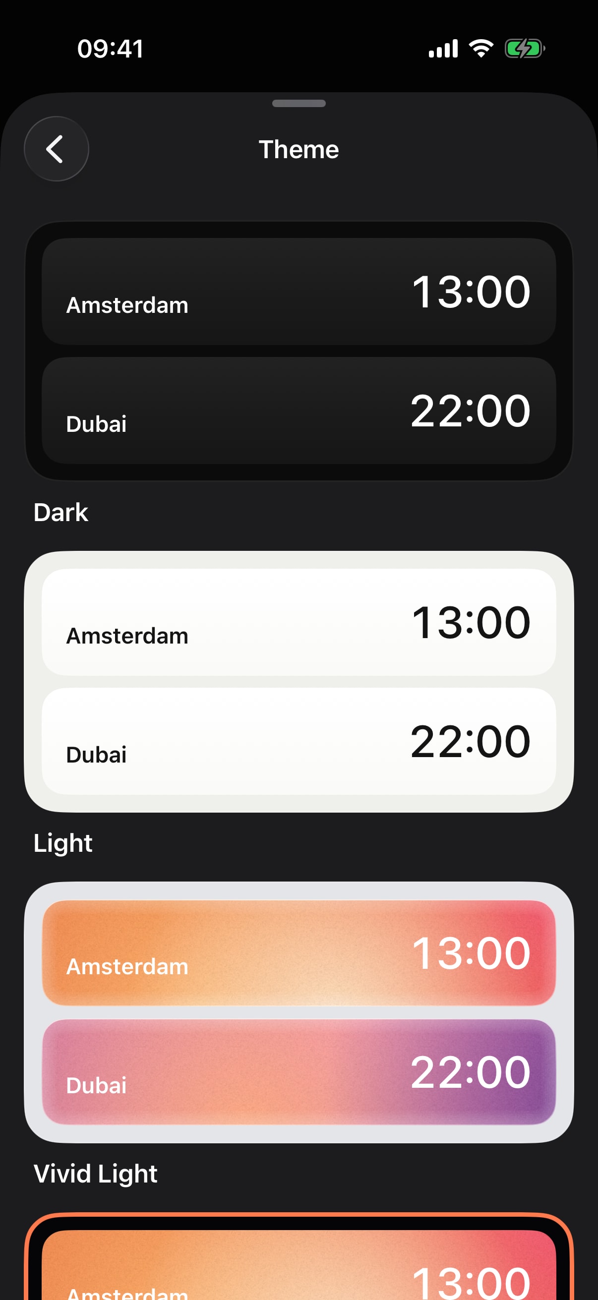 Timeslide theme picker on iPhone: Dark, Light and Vivid Light previews with Amsterdam and Dubai times